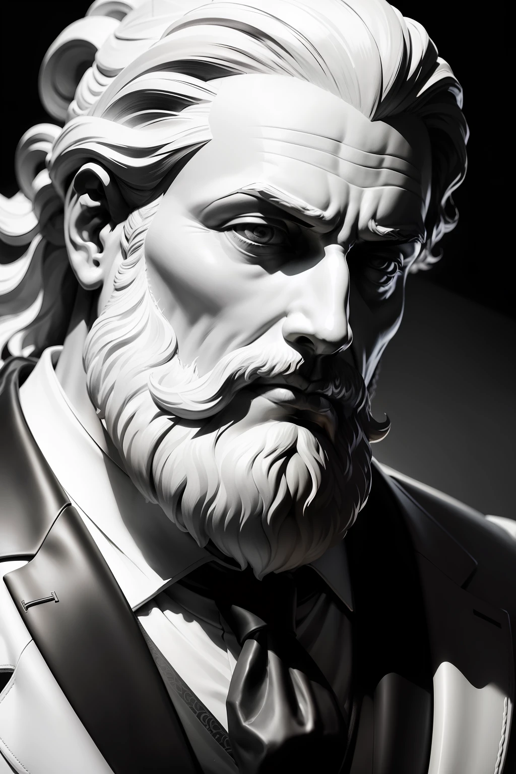 statue of a Greek thinker philosopher with a big beard dressed in a suit and tie, close-up image with focus on the face, all in black and white, with black background