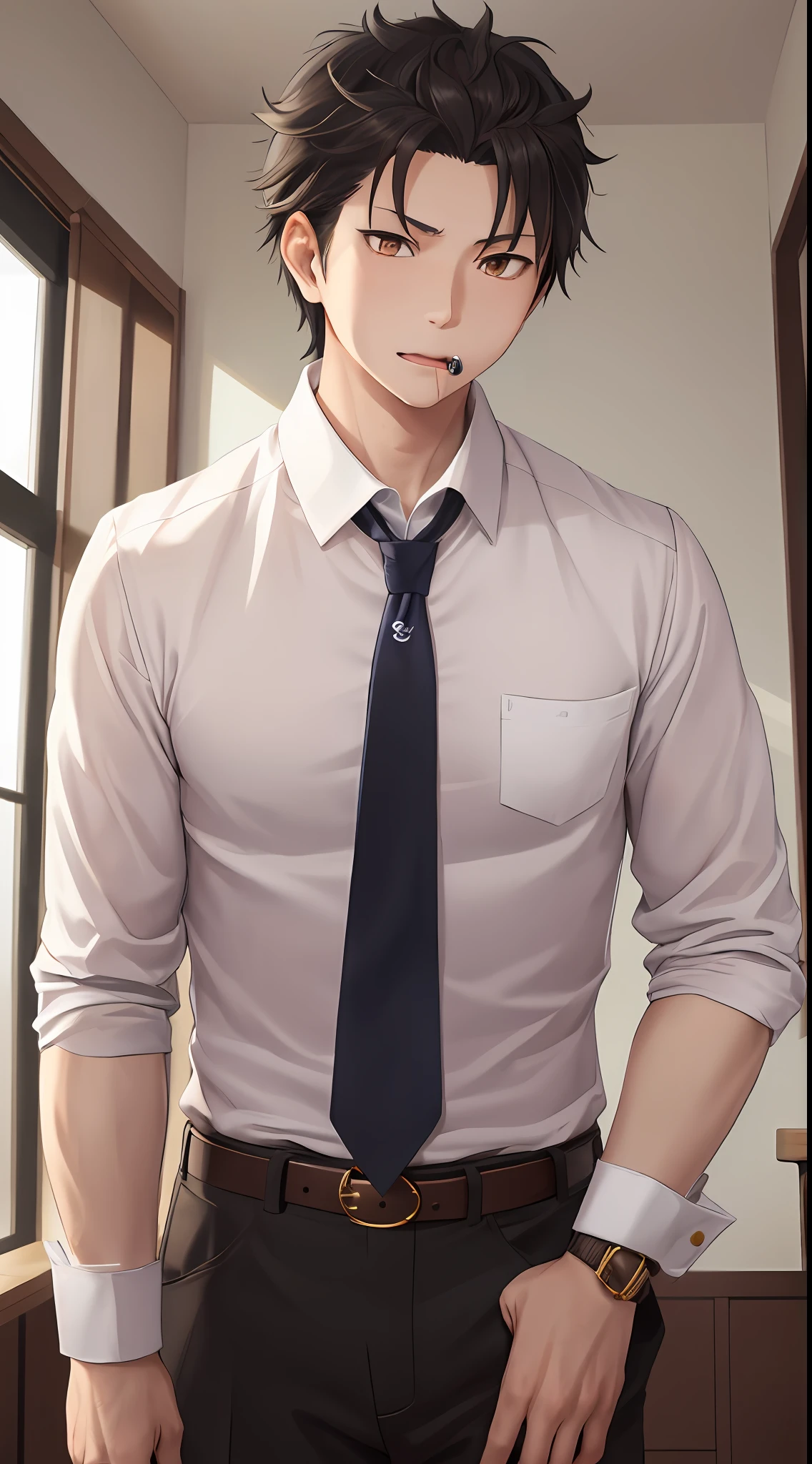 (1 Adult male),A high resolution, Sharp focus, Pixiv masterpiece, ((Complicated details)), highly detailed, natsuki_subaru, 1 man, with her mouth open,drools,full bodyesbian, Golden eyes(eyes glowing), with short golden hair,white shirt,Wear a tie,Wear a belt,perspire,look from down
