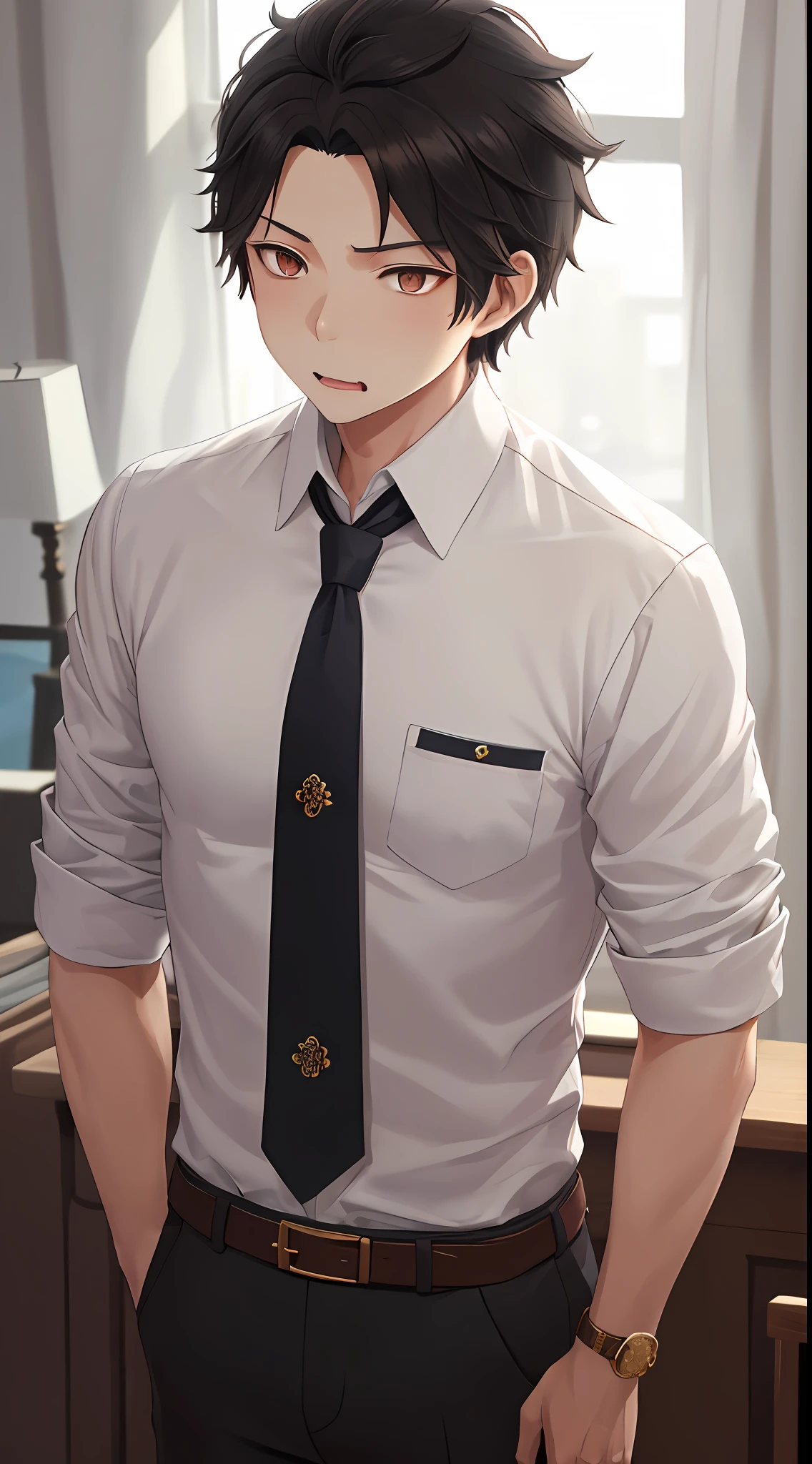 (1 Adult male),A high resolution, Sharp focus, Pixiv masterpiece, ((Complicated details)), highly detailed, natsuki_subaru, 1 man, with her mouth open,drools,full bodyesbian, Golden eyes(eyes glowing), with short golden hair,white shirt,Wear a tie,Wear a belt,perspire,look from down