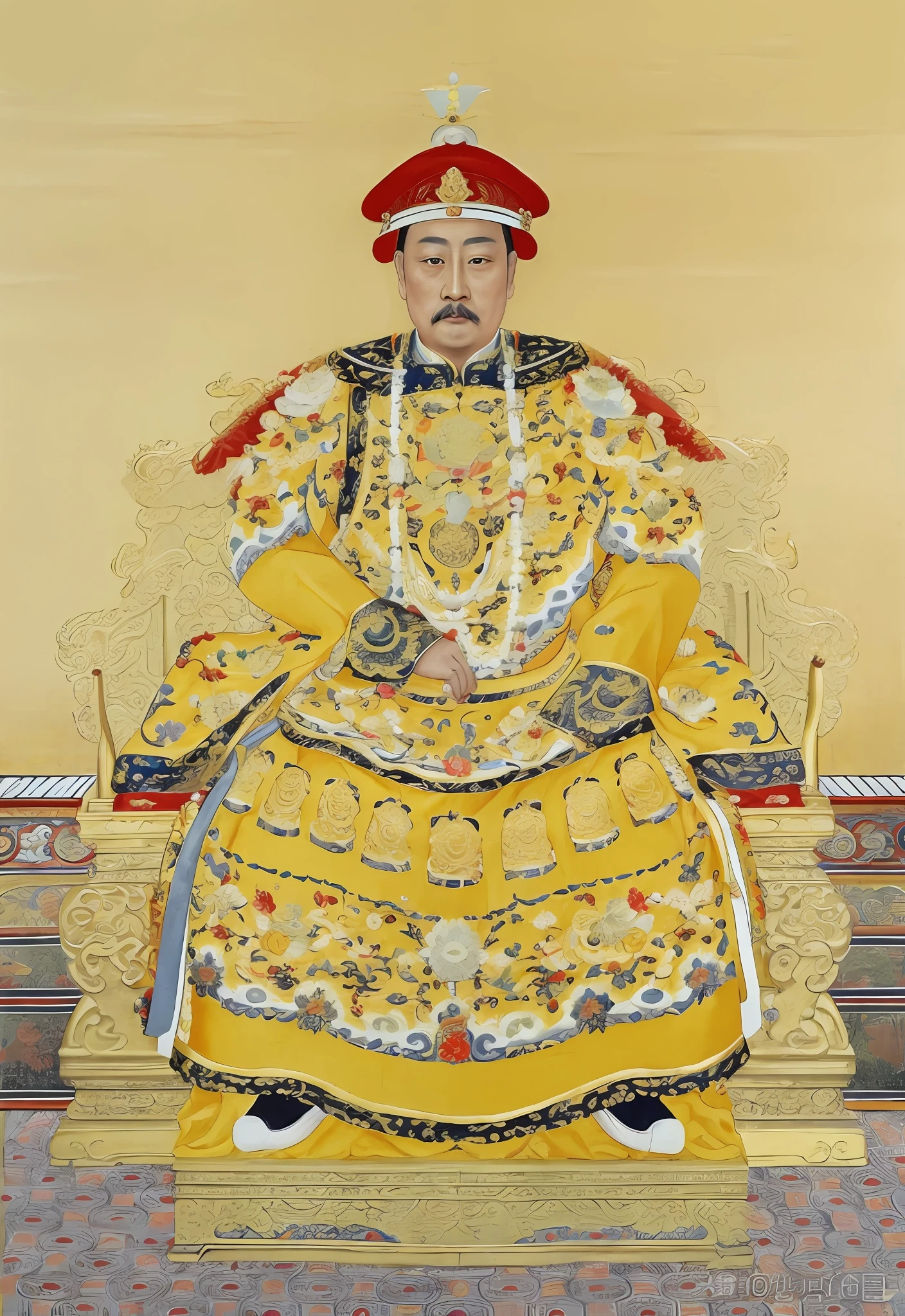 a close up of a painting of a man in a yellow dress, Qing dynasty, royal emperor, king in yellow, imperial portrait, Emperor, portrait of emperor of mankind, qing dynasty painting, Inspired by Guo Xi, proud emperor, by Xuande Emperor, the king in yellow, majesty in noble clothes, dressed as emperor, portrait of a king