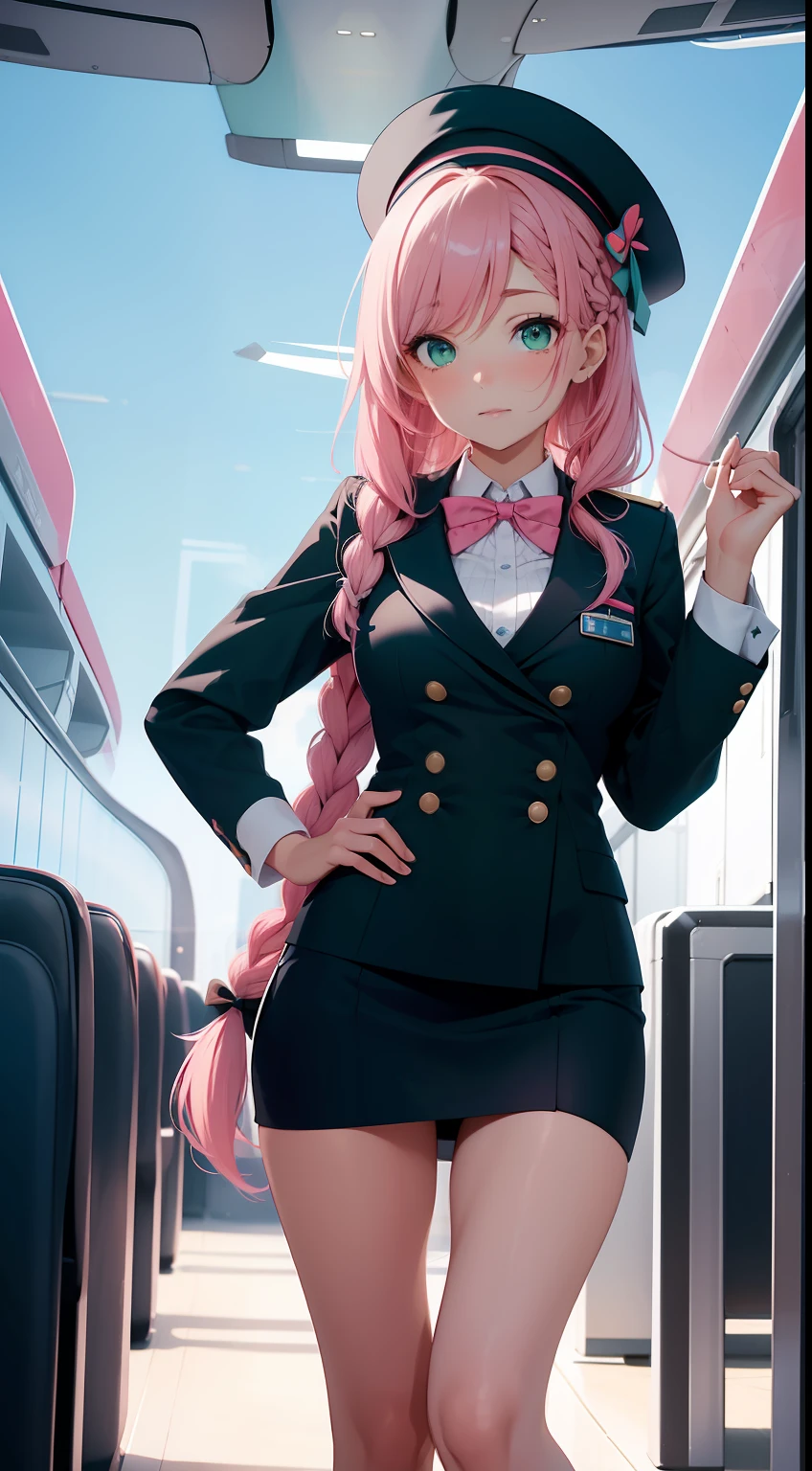 （（Best quality，8K，tmasterpiece：1.4））， Pink hair，Long braid on one side， Planes，Sky blue flight attendant uniform，Sky blue flight attendant hat， （Delicate red bow tie，Black smooth skinny mini miniskirt），medium boob， Glossy glossy skin，Green eyes
