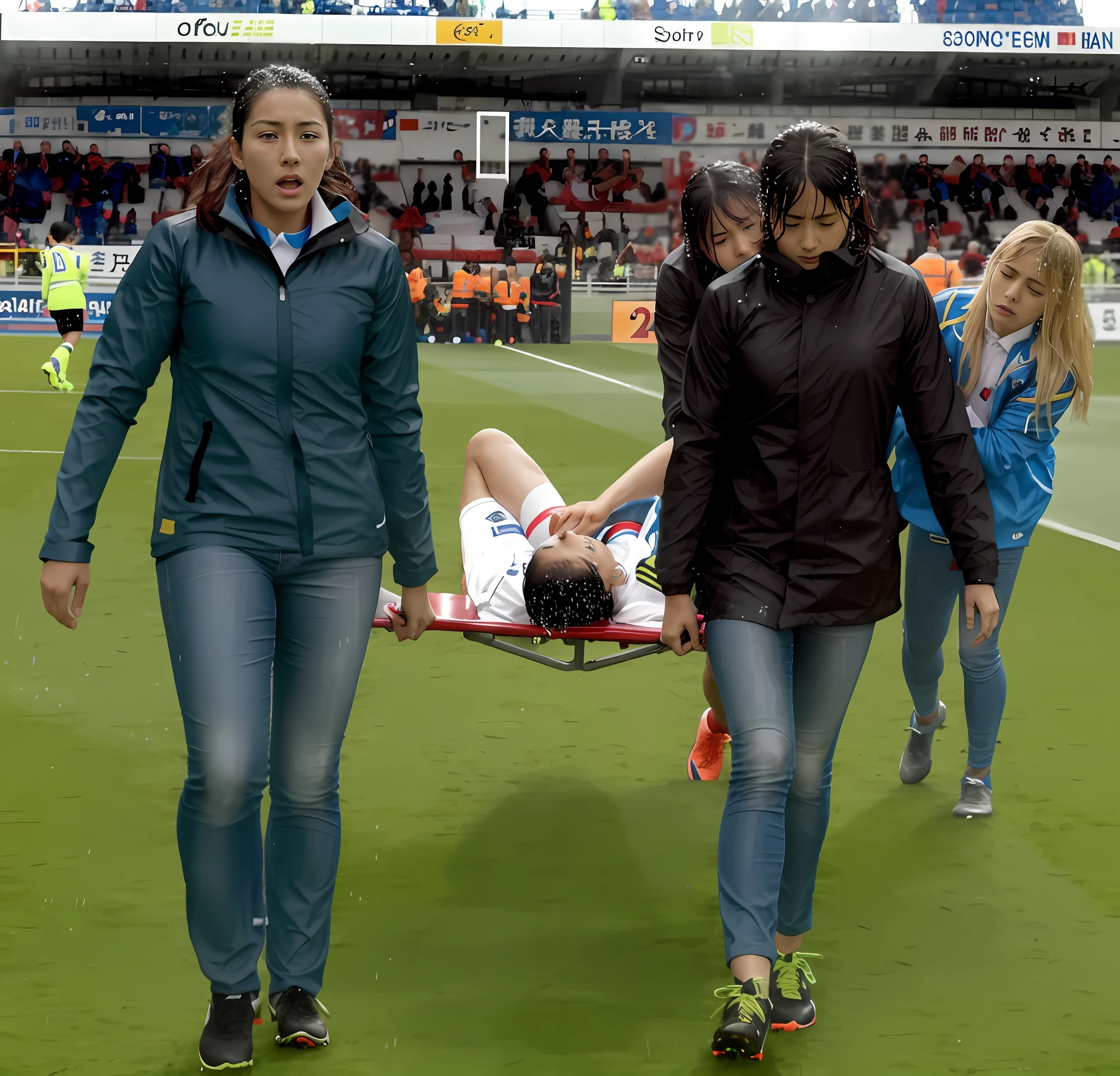 a soccer scene in a chinese sports stadium, rainy weather, wet ground, rainfall, injury scene in a sports stadium, stretcher carry, there are four female medics in wet raincoats who carrying a stretcher, there are four female medics in wet raincoats who are carrying a stretcher in a rainy sports stadium, there is a wounded male soccer player in a matte short cotton sports outfit lying on the stretcher with his hands over his face, an injured male soccer player is lying on his back on a stretcher and is holding his hands over his face, a soccer player is covering his face with the hands while lying on his back on a stretcher, dramatic scene, theatralic posing scene, dramatic pity scene, injury soccer, first aid, help, pity, there are four female medics in shiny raincoats who are looking very sad and very terrified and very shocked, the injured soccer player is screaming out in pain while he is carried from the pitch on a stetcher through the rain