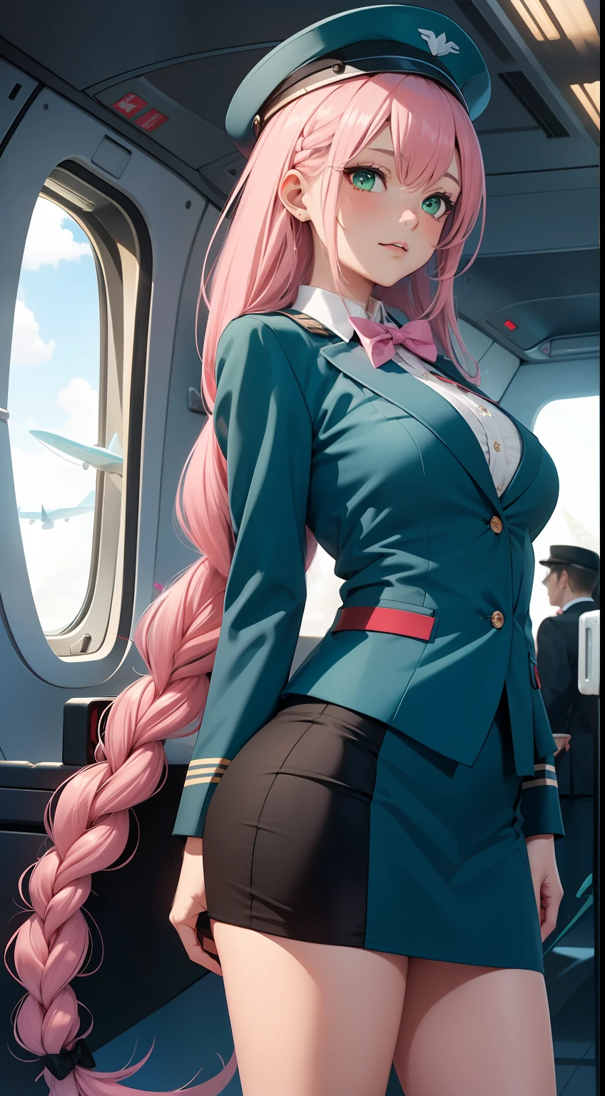 ((Best quality,8K,tmasterpiece:1.4)), Pink hair,Long braid on one side, Planes,Sky blue flight attendant uniform,Sky blue flight attendant hat, (Delicate red bow tie,Black smooth skinny mini miniskirt),medium boob, Glossy glossy skin,Green eyes