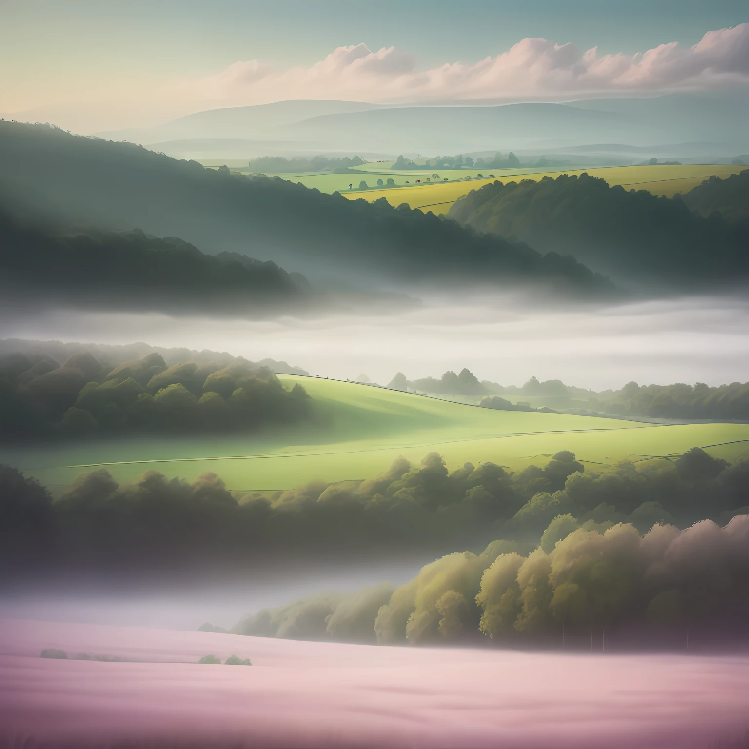 a dreamy misty countryside landscape in soft pastel colours