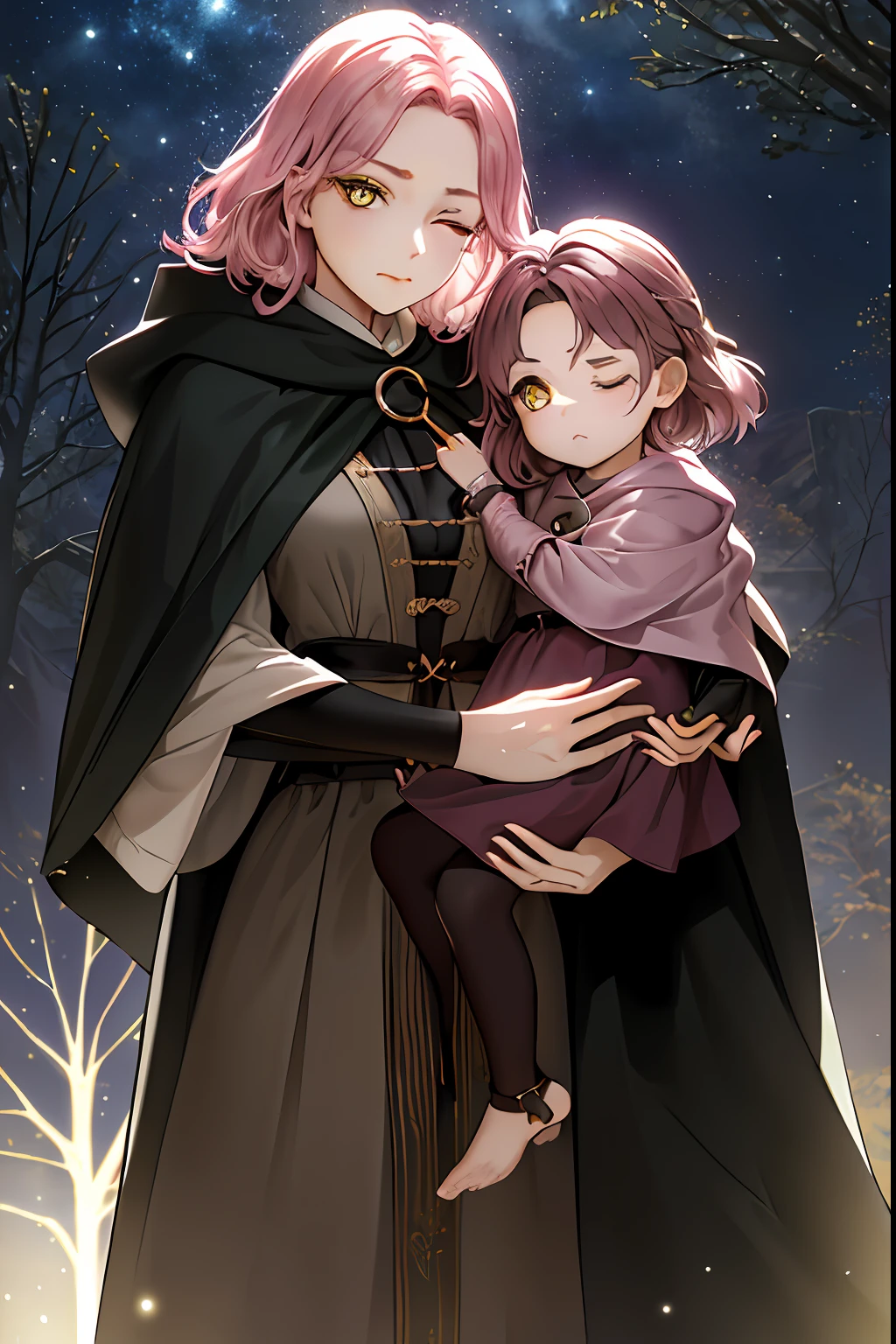 melina \ (Elden Ring \) , detailed wallpaper, ((night)) , dark, erdtree in the distance, 

1girl, And daughter, black background, Brown eyes, Pink hair, cloak, Green cloak, long-sleeved, looking at the scenes, One eye closed, short hair hair, 独奏, stands, tree, 独奏, Yellow eyes, (Pink hair:0.7), Face tattoo, Without expressions, :|, Toto on the eye, Eye scar with her daughter, Mother with daughter, Carrying her daughter, a mother holding her little daughter, 
، ((巨作))