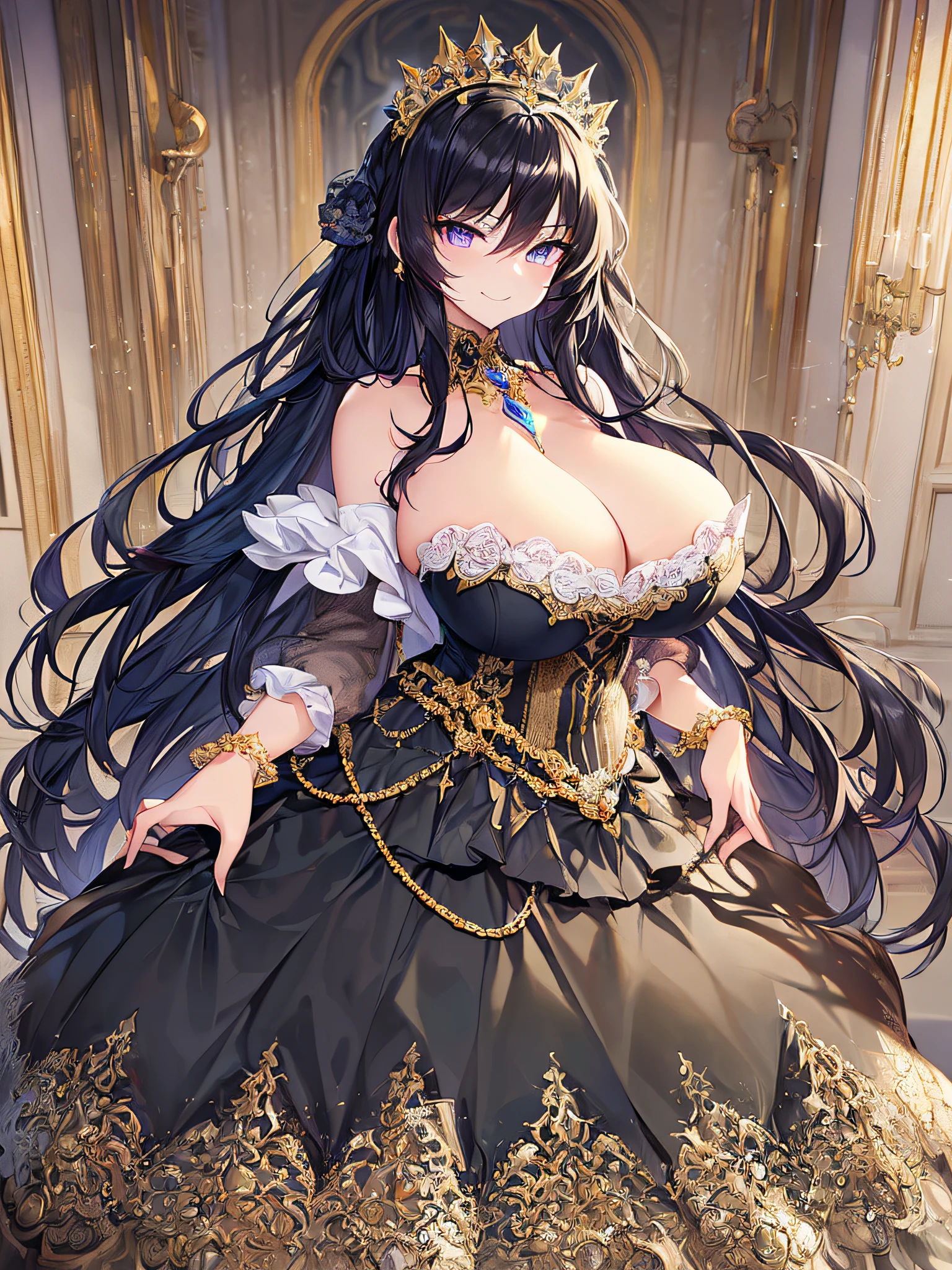 ((anime artstyle)),(Masterpiece),(Best Quality), (Super Detail),((Very Delicate and Beautiful)),((Solo)),((full body)),(((1 arrogant princess in gorgeous and brightly colored gorgeousfull rococo dress))),(Purple eyes),Sharp eyes,detailed face and eyes,jewel-like eyes,(arrogant),((smirk)),((voluminous Very Long Hair,Straight Hair)),black hair,((Bangs between eyes)),((gigantic tits,Long tits)),curvy,skindentation,(gorgeousfull embroidery and lace),gorgeous corsage,See-through,gorgeousfull hair ornament,gorgeousfull glitter jeweled tiara,ornate ruffles,((full body)),((hoop skirt,crinoline)),Dynamic Angle,Looking at viewer,(((gorgeous and brightly colored gorgeousfull rococo dress)),full body