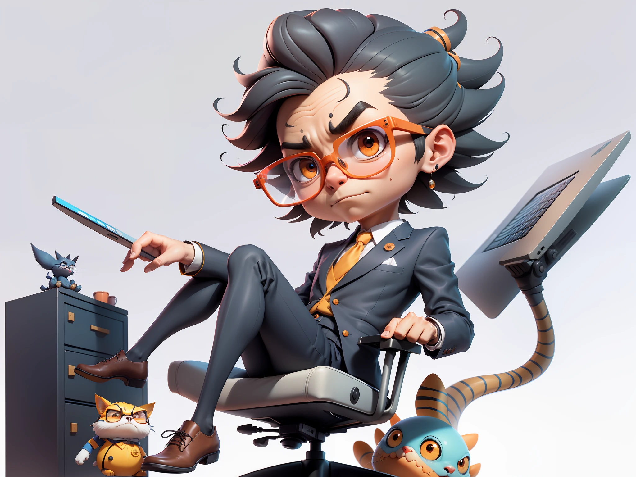 A young man in a suit, Short hair and glasses sat at his desk,holding laptop,digitial painting,tigre,3D character design by Mark Clairen and Pixar and Hayao Miyazaki and Akira Toriyama,4K HD illustration,Very detailed facial features and cartoon-style visuals。