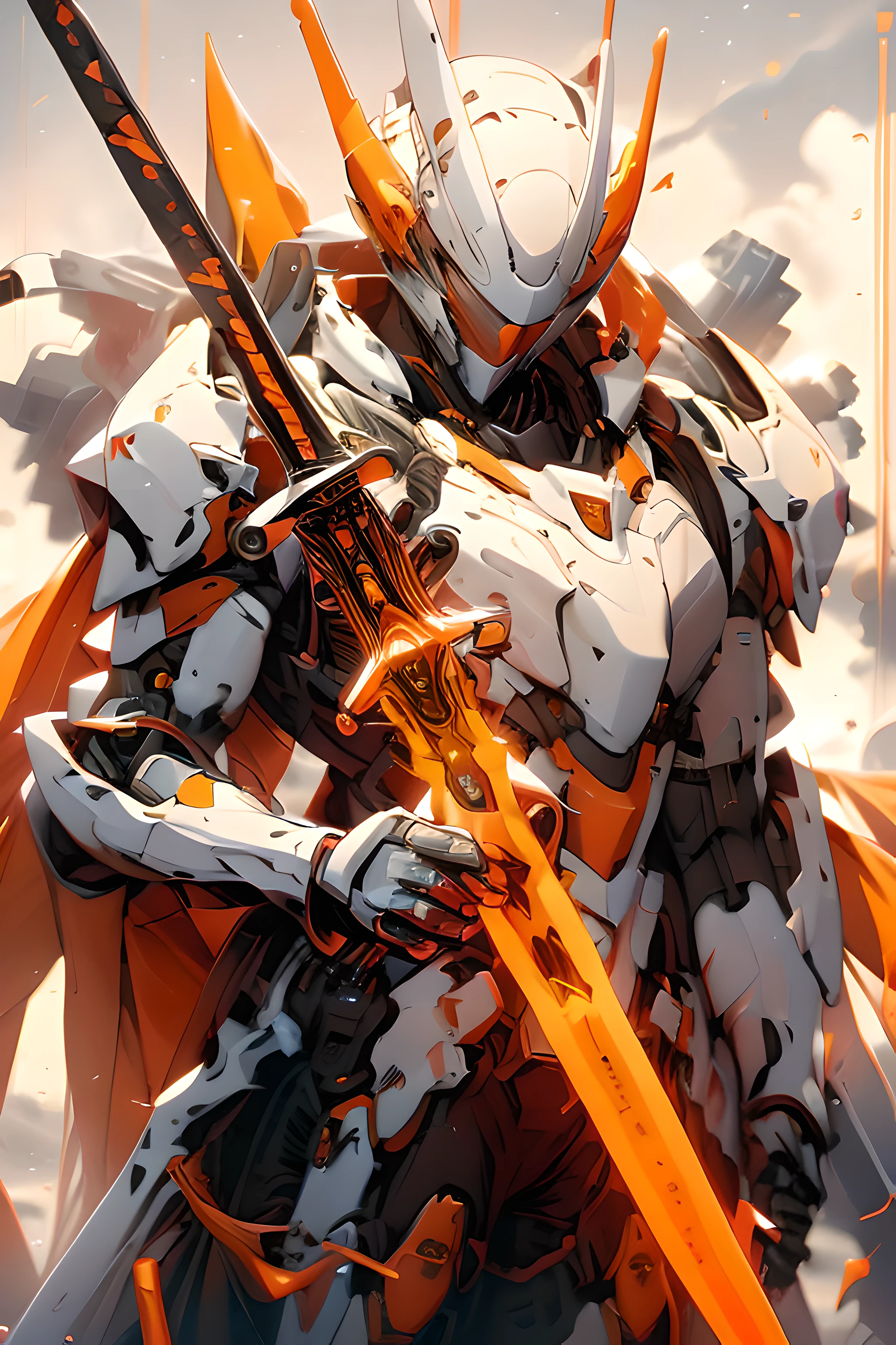 mecha_musume, 1girl, long_hair, science_fiction, weapon, sword, holding_sword, orange_eyes, solo, headgear, holding_weapon, mecha, standing,red body,green background