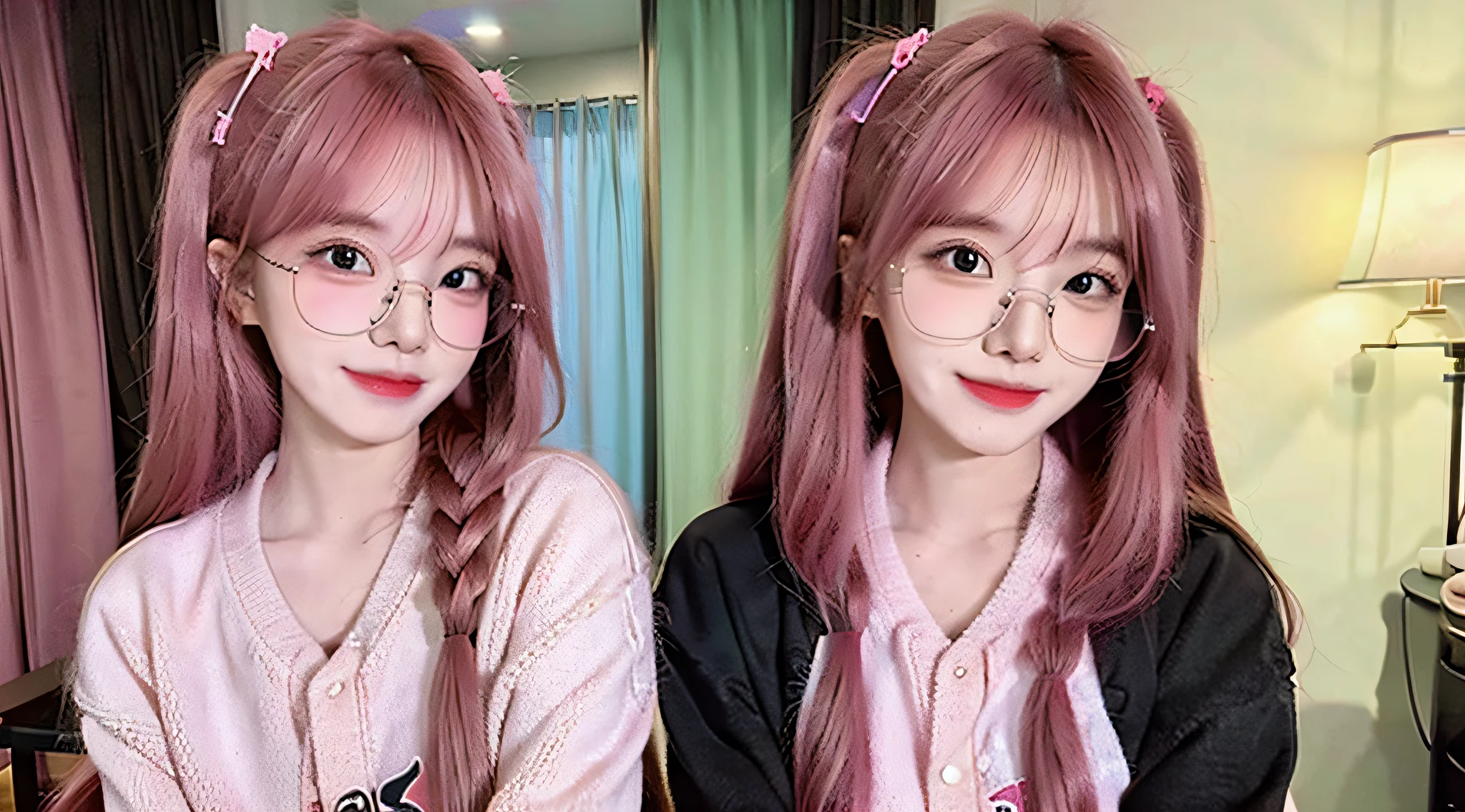 Girl with pale pink hair and glasses, kawaii realistic portrait,high quality fanart,commission for high res, Nekomimi, Nyaruko-san, In anime style,kawaii , marin kitagawa fanart, fullbody commission for, Commission on furaffinity, Women in their 20s ,Light pink hair ,streamers, Long layer hairstyle ,looking at the audience ,Middle chest ,sexy pose ,bestquality ,smirk , 1 girl ,Complete Body Beauty ,sparkle