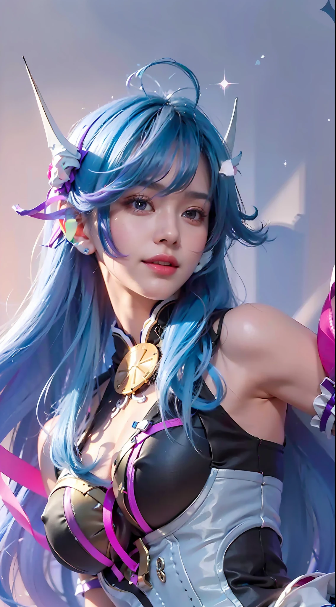 best quality,masterpiece,extremely detailed,high res,4k,ultra high res,detailed shadow,ultra realistic,realistic,dramatic lighting,1girl,solo,detailed face,realistic eyes,realistic skin,white dress,purple hair,dynamic pose, white lace dress,smile, smile