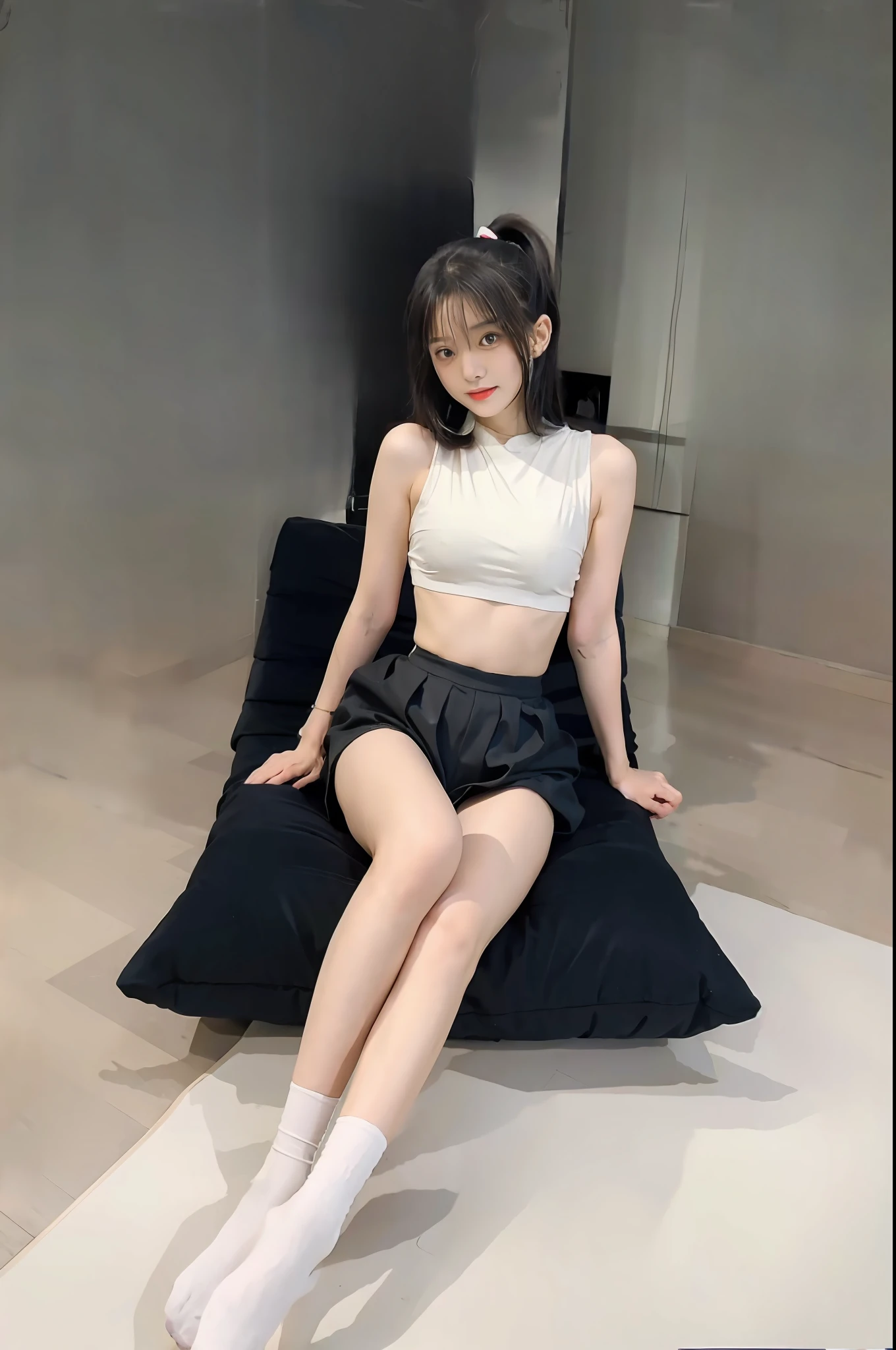 looks into camera，Pupil correction，Best quality at best，tmasterpiece，超高分辨率，（realisticlying：1.4），teens girl，Juvenile，Wear socks，High ponytail