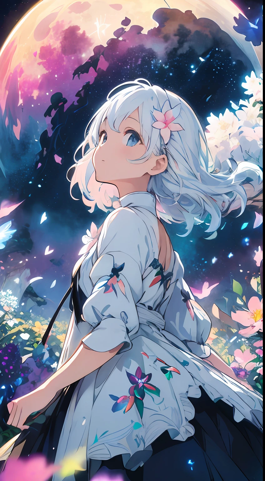 Vast landscape photos、(Look up and down)、Girl standing in a flower garden and looking up、(fullmoon:1.2)、(shooting stars:0.9)、(nebulas:1.3)、Flower garden with white flowers、Glowing flower garden、(Warm light source:1.2)、(fireflys:1.2)、finely detail、voluminous lighting breaks(masterpiece:1.2)、(top-quality)、4K、Ultra-high density、 (dynamic compositions:1.4), Very detailed and colorful details, ( Irridescent color:1.2), (Glowing lighting, Atmospheric lighting), dream-like, fantastic, (独奏:1.2), kirakira, Dancing petals, White hair, beautiful hairl, length hair, The magical effect of water