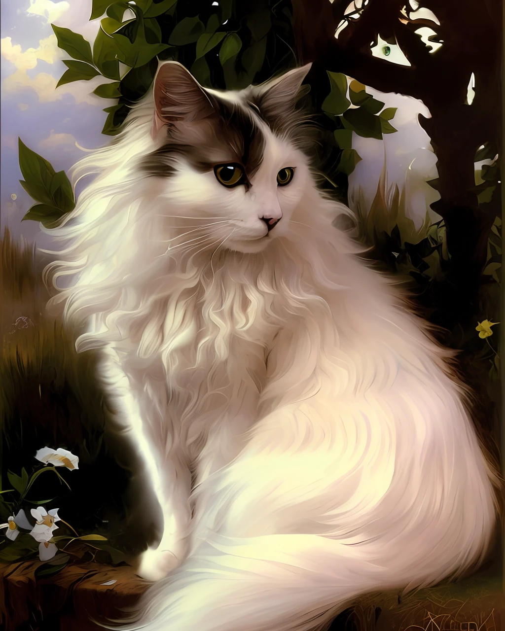 Portrait of mlloctst cat, digital painting, artstation, concept art, soft light, hdri, smooth, sharp focus, illustration, fantasy, intricate, elegant, highly detailed, d&d, matte painting, in the style of greg rutkowski and alphonse mucha and artemisia, 8k, highly detailed, jurgens, rutkowski, bouguereau, pastoral, rustic, georgic, detailed concept art, illustration, colorful pastel, painting, detail, ultra detailed, digital art, 4k, yellow eyes