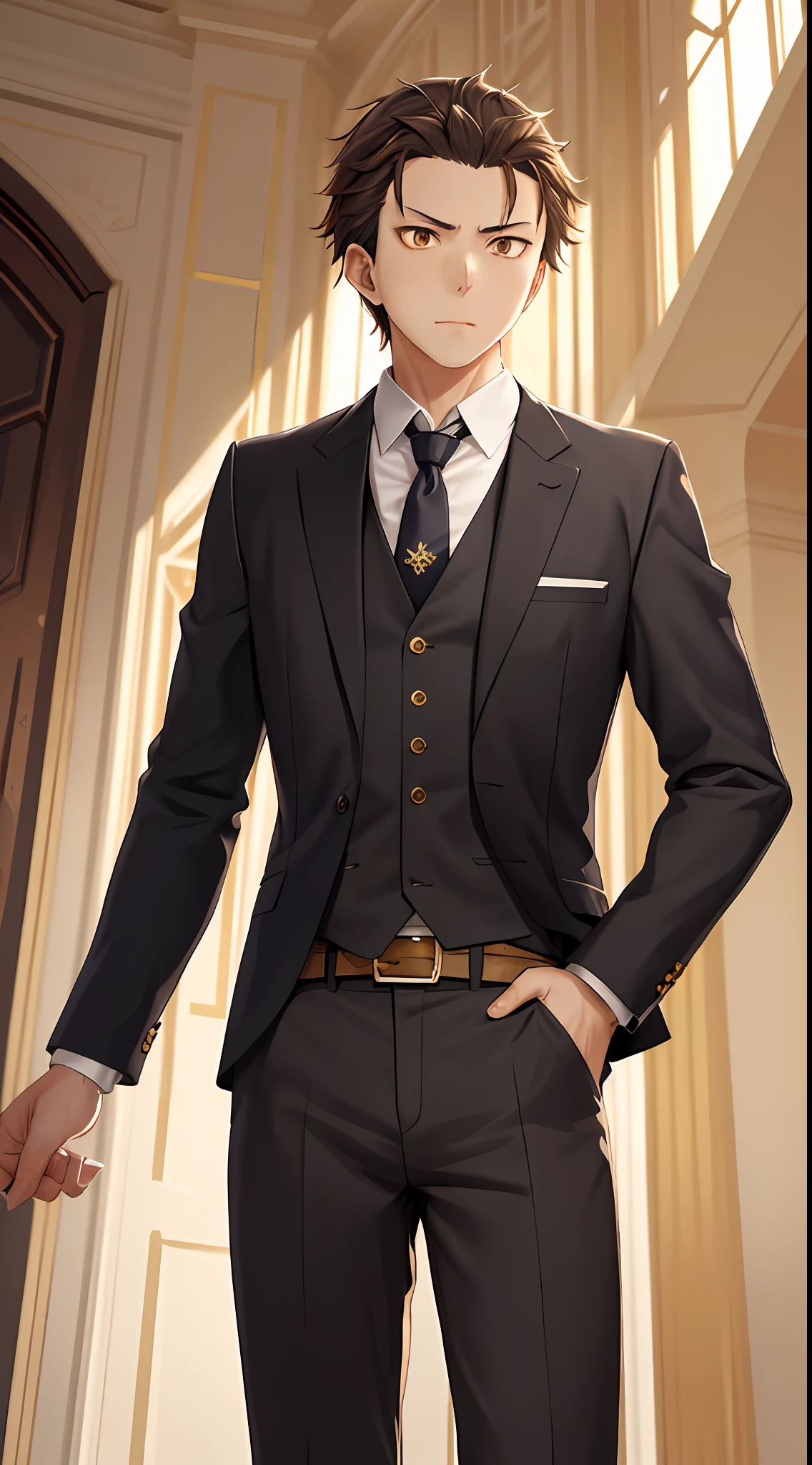 （1 Adult male），A high resolution， Sharp focus， Pixiv masterpiece， （（Complicated details））， highly  detailed， natsuki_subaru， 1 man， serious，full bodyesbian， Golden eyes（eyes glowing）， with short golden hair，white  shirt，Wear a tie，Wear a belt，perspire，look from down