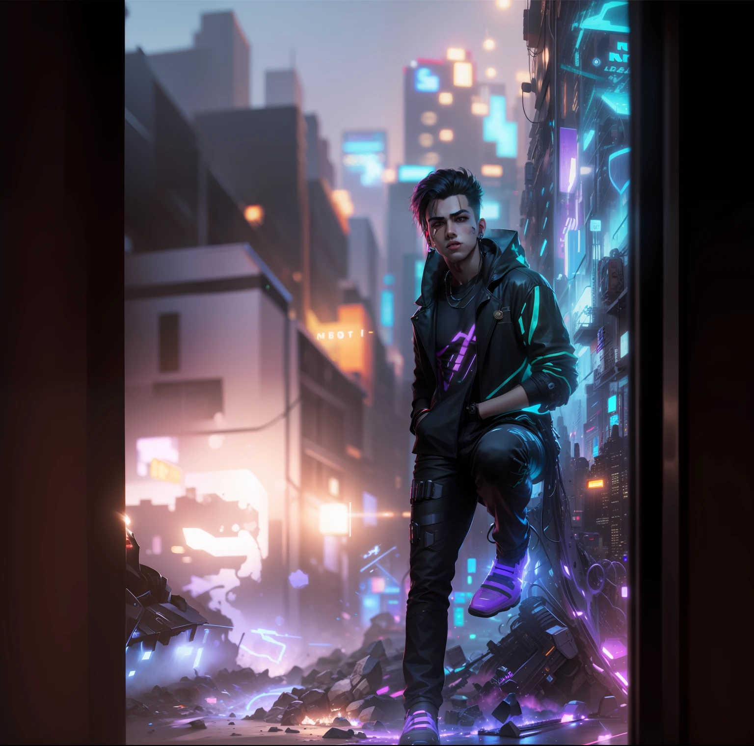Change backgrounds, cyberpunk handsome boy realistic, 8k ultra realistic
