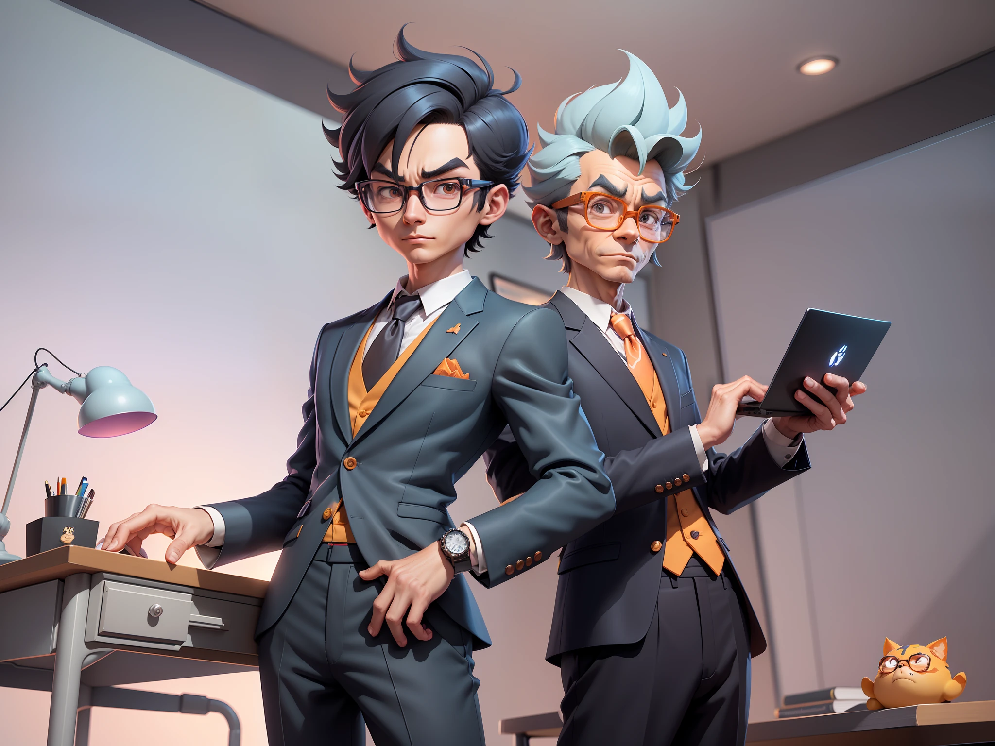 A young man in a suit and pants, Short hair and glasses sat at his desk，holding laptop，digitial painting，tigre，3D character design by Mark Clairen and Pixar and Hayao Miyazaki and Akira Toriyama，4K HD illustration，Very detailed facial features and cartoon-style visuals。