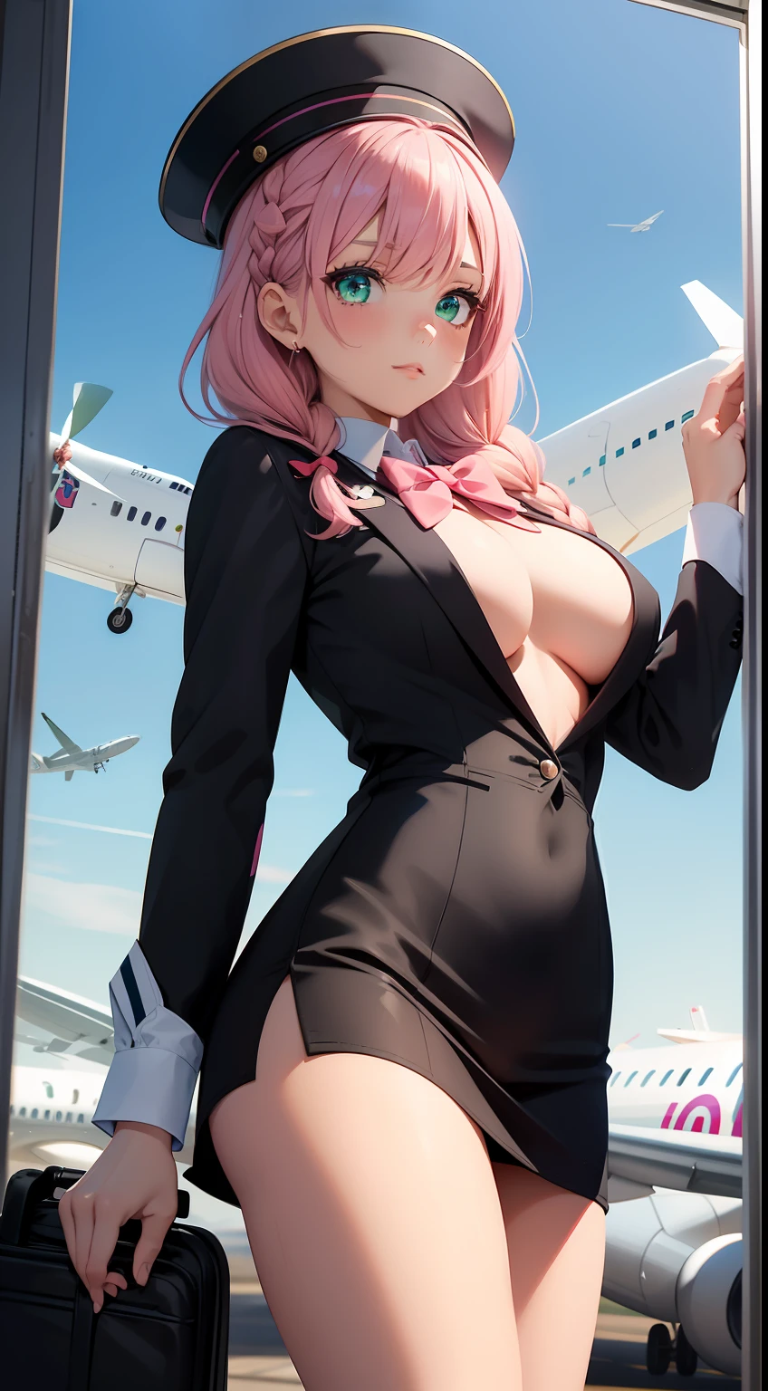((Best quality,8K,tmasterpiece:1.4)), Pink hair,Long braid on one side, Planes,Sky blue flight attendant uniform,(Sky blue flight attendant hat, Delicate red bow tie,Black smooth skinny mini miniskirt),medium boob, Glossy glossy skin,Green eyes