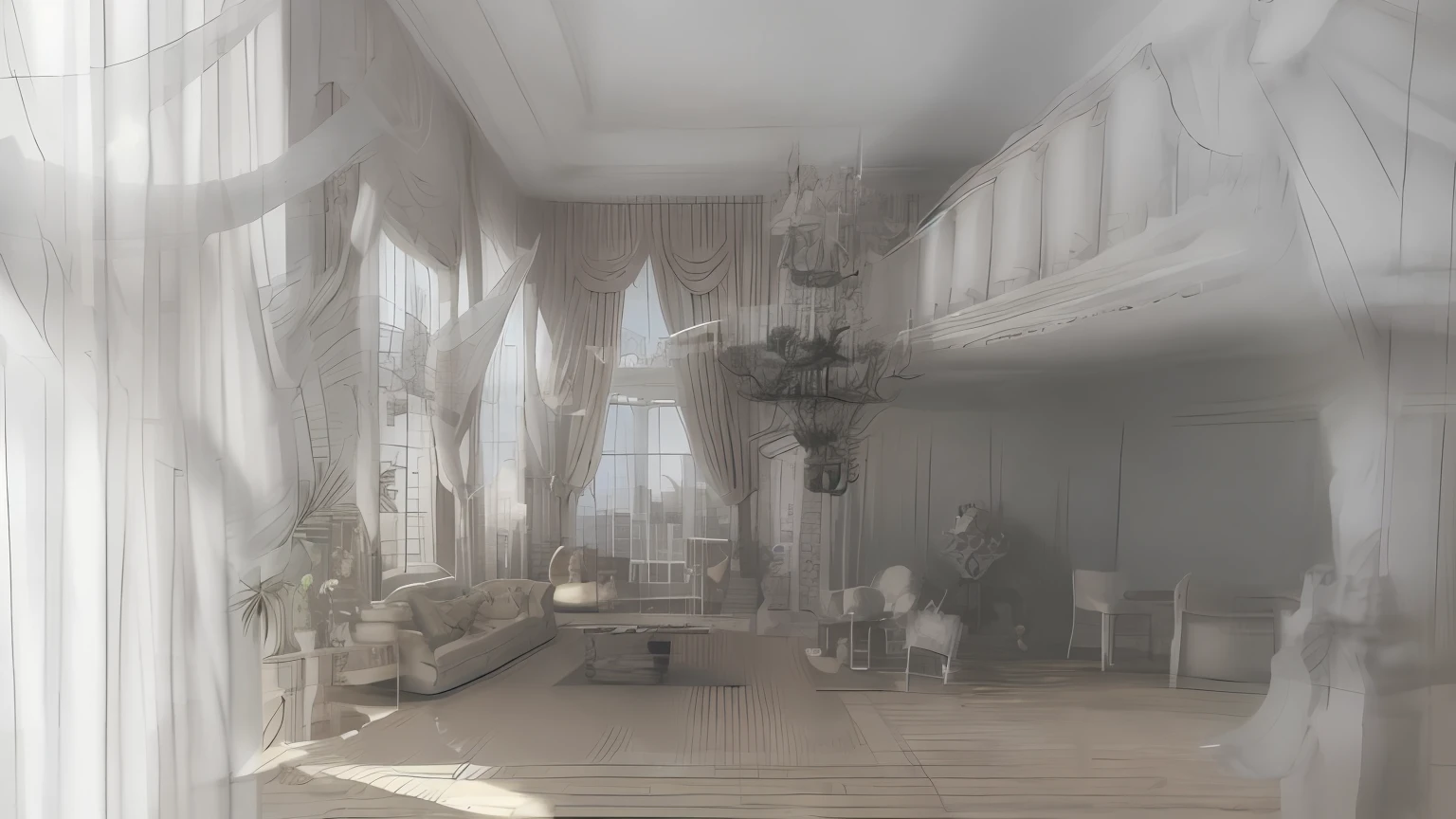 Drawing of the living room with sofa and table, professional sketch, one-point perspective, 3 d point perspective, 2 point perspective, interior living room, Architectural sketch, 1-point perspective, point perspective, one-point perspective, 2 - point perspective, 3 point perspective, 5 point perspective, high quality sketch, sketch illustratio, Line sketch, high quality of sketching