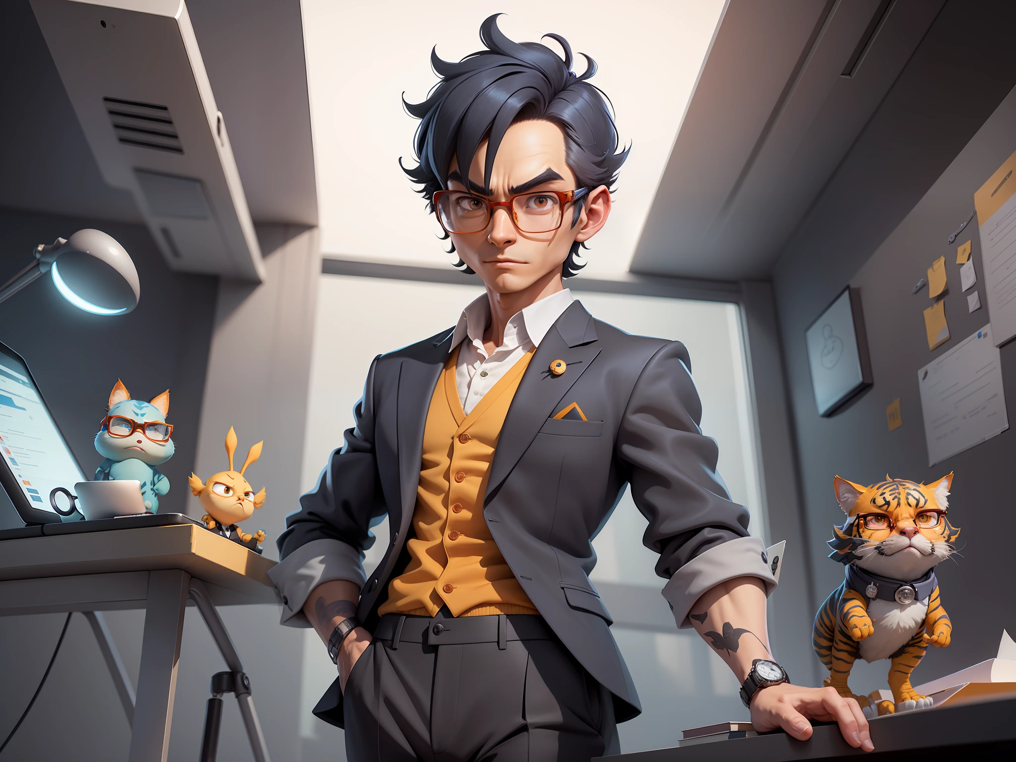 A young man in a suit and pants, Short hair and glasses sat at his desk,holding laptop,digitial painting,tigre,3D character design by Mark Clairen and Pixar and Hayao Miyazaki and Akira Toriyama,4K HD illustration,Very detailed facial features and cartoon-style visuals。
