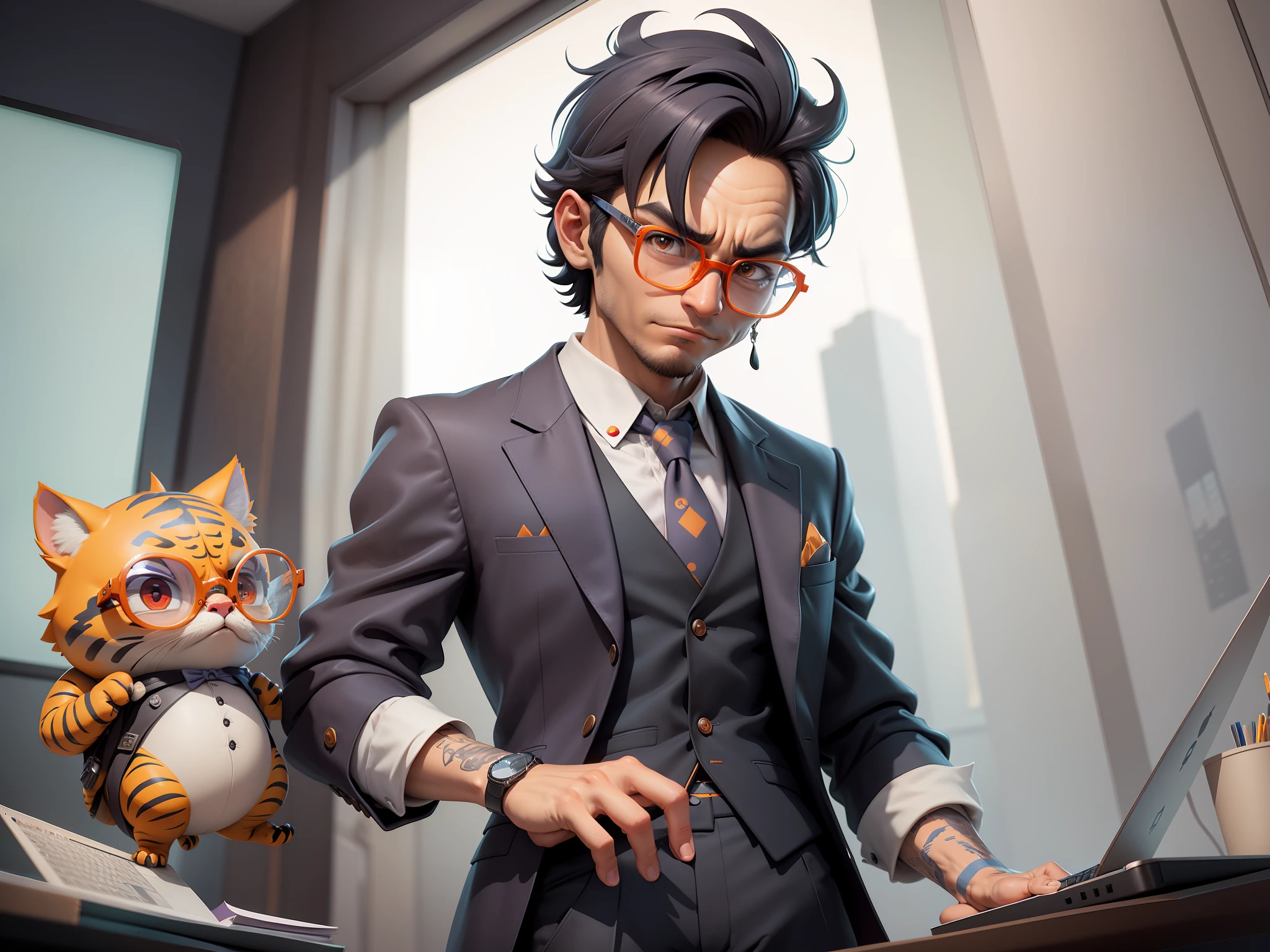 A young man in a suit and pants, Short hair and glasses sat at his desk,holding laptop,digitial painting,tigre,3D character design by Mark Clairen and Pixar and Hayao Miyazaki and Akira Toriyama,4K HD illustration,Very detailed facial features and cartoon-style visuals。