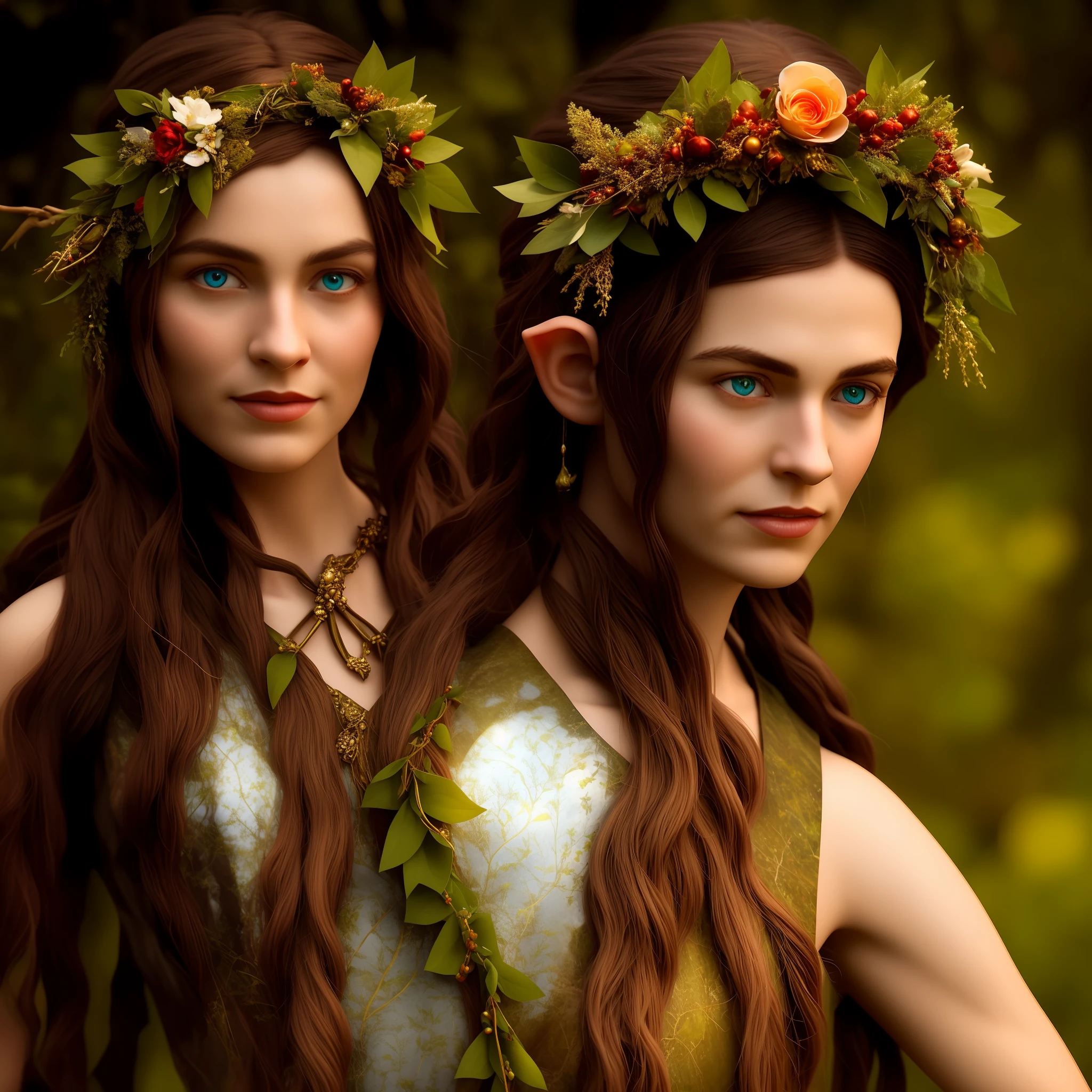 Wearing a garland,Elven wise man holding a lamp in his right hand,Walk in the primeval forest of birds and flowers, and in the distance, there are elf huts