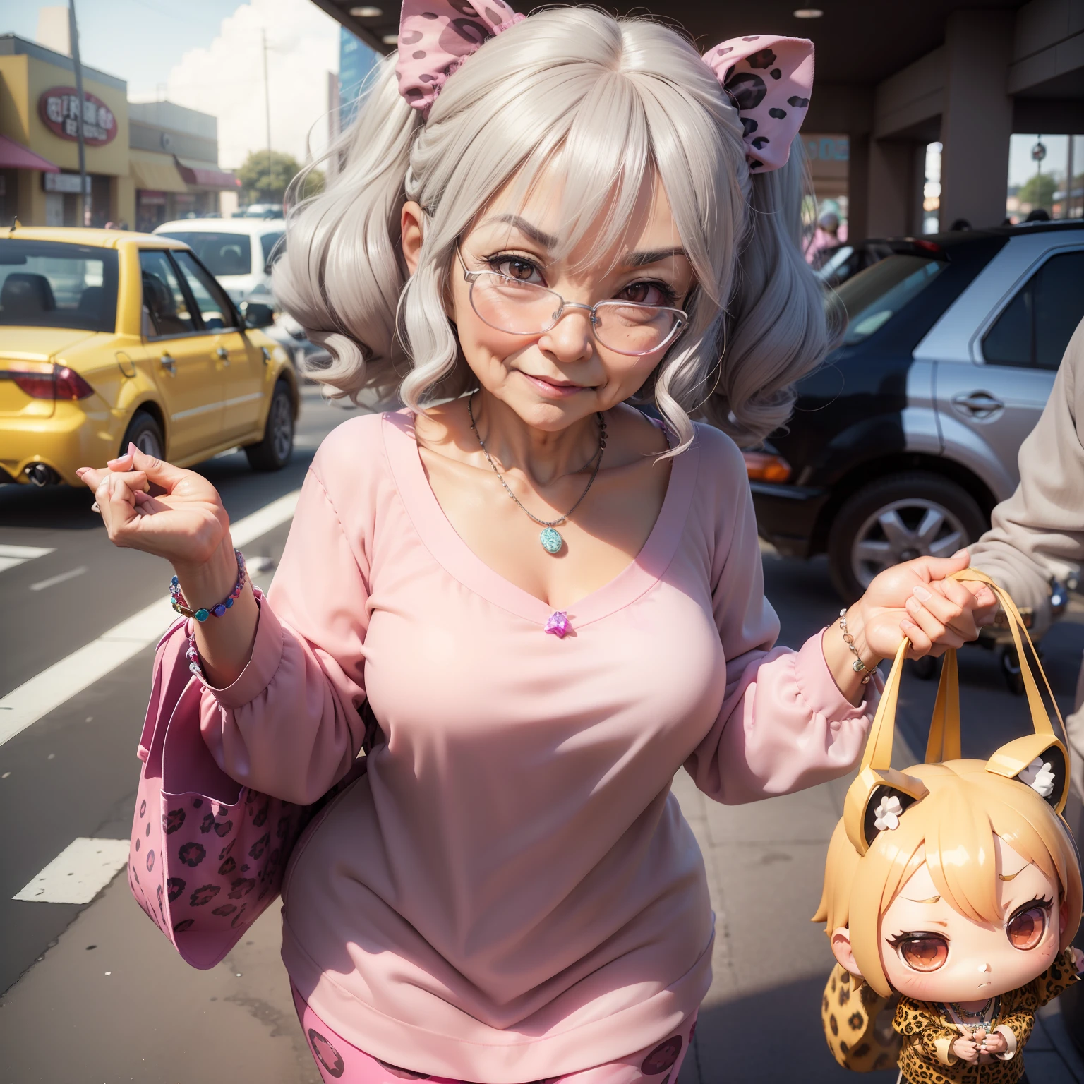 (((chibi 3d)))70-year-old woman,grandmather,Gray hair perm hair There are a lot of wrinkles and blemishes on the face。confident facial expression,Wearing a bright pink tunic,Wearing leopard print leggings,Glittering necklace,Large Gemstone Rings,mall、traffic jam