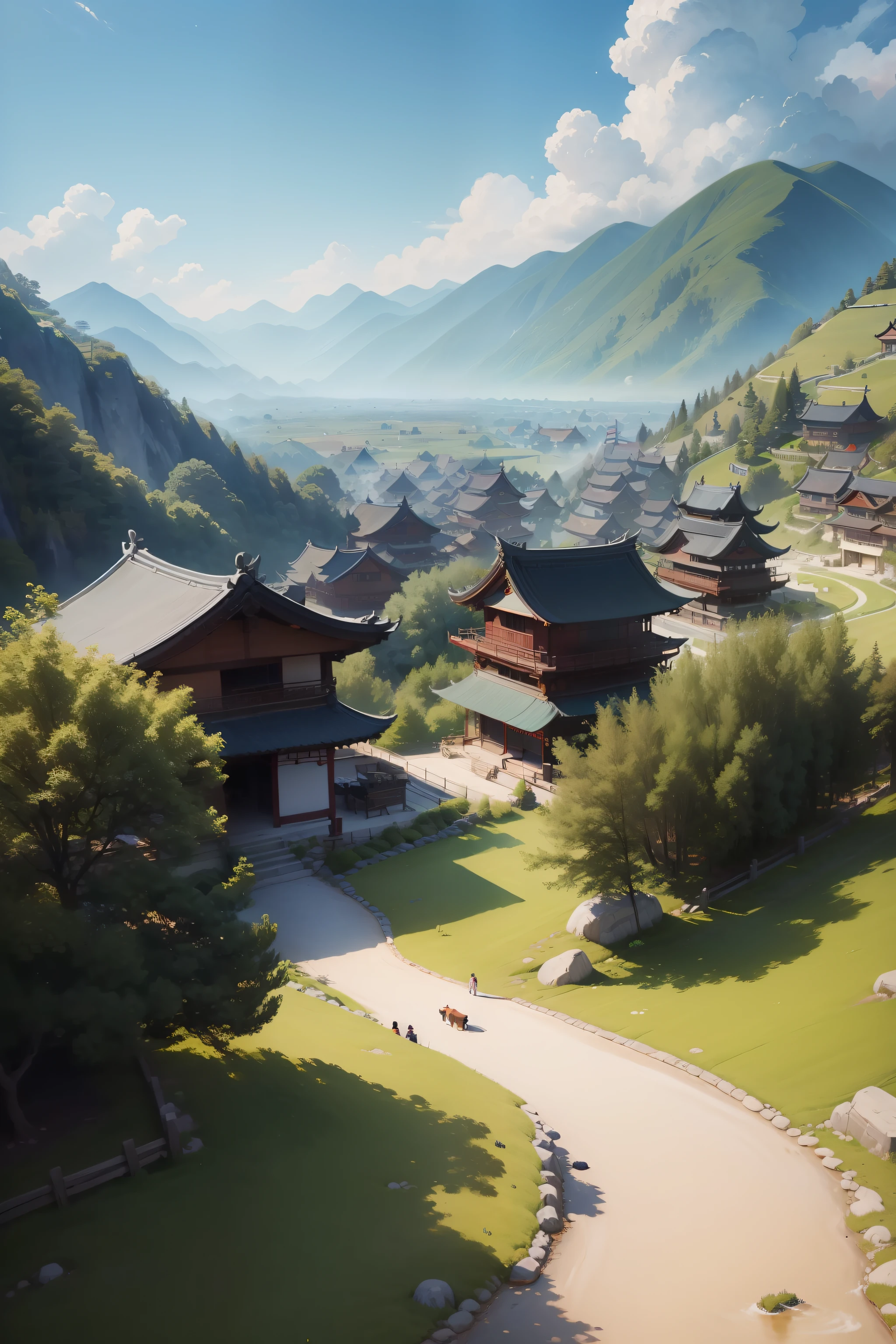 ((4k,masterpiece,best quality)), shuimobysim, Traditional chinese painting, bright sunny summer day,Picturesque mountain village