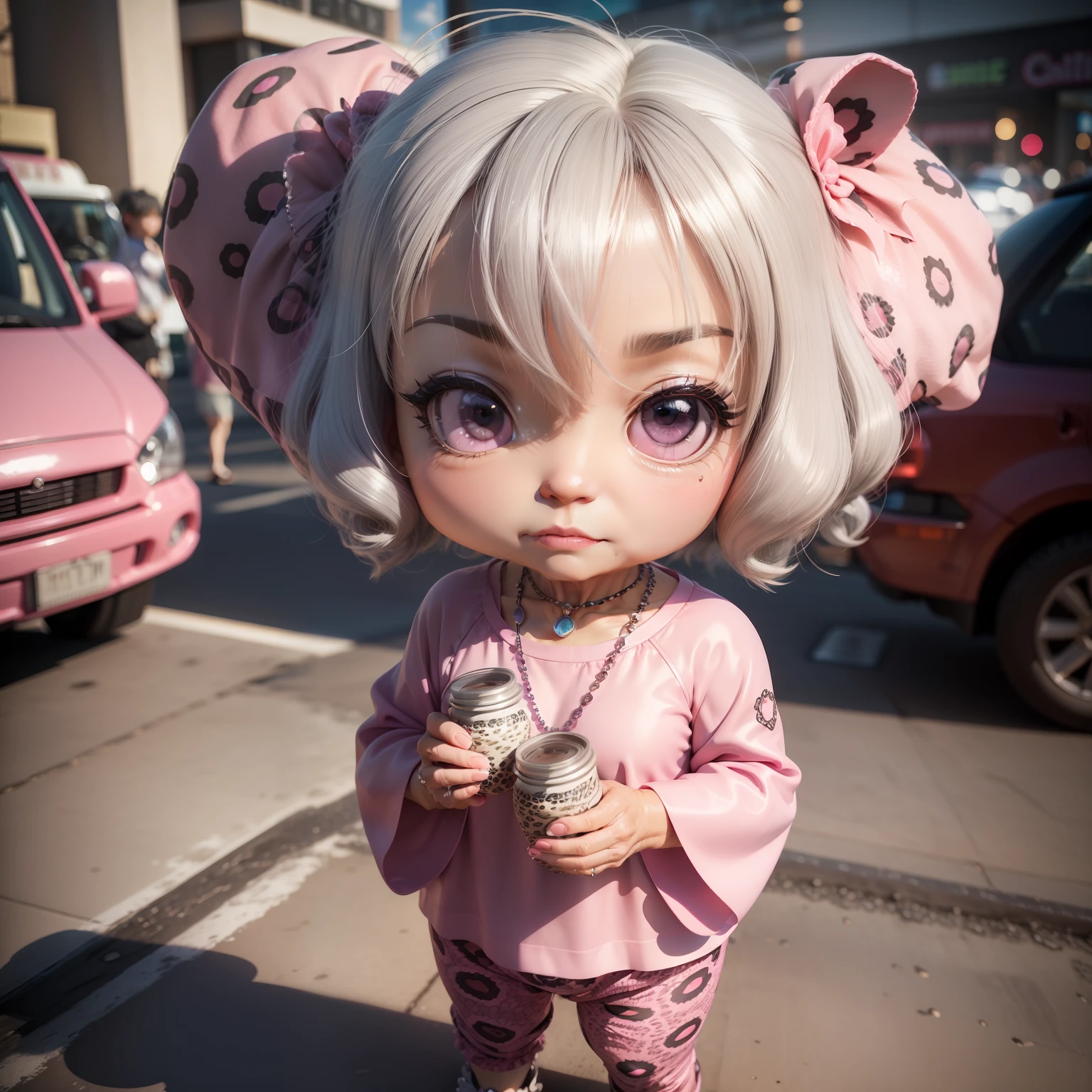 (((chibi 3d)))70-year-old woman,grandmather,Gray hair perm hair There are a lot of wrinkles and blemishes on the face。confident facial expression,Wearing a bright pink tunic,Wearing leopard print leggings,Glittering necklace,Large Gemstone Rings,mall、traffic jam