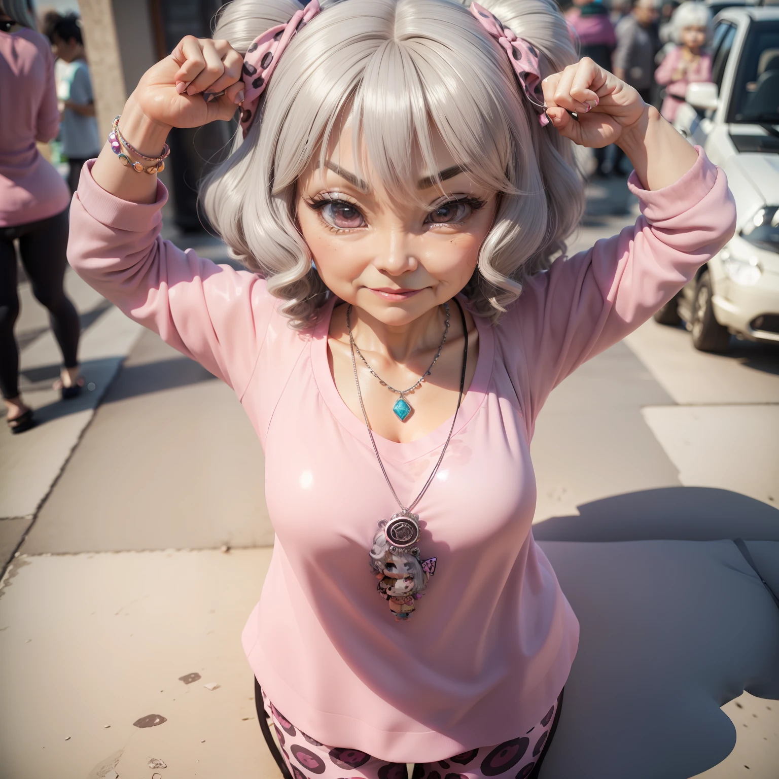 (((chibi 3d)))70-year-old woman,grandmather,Gray hair perm hair There are a lot of wrinkles and blemishes on the face。confident facial expression,Wearing a bright pink tunic,Wearing leopard print leggings,Glittering necklace,Large Gemstone Rings,mall、traffic jam