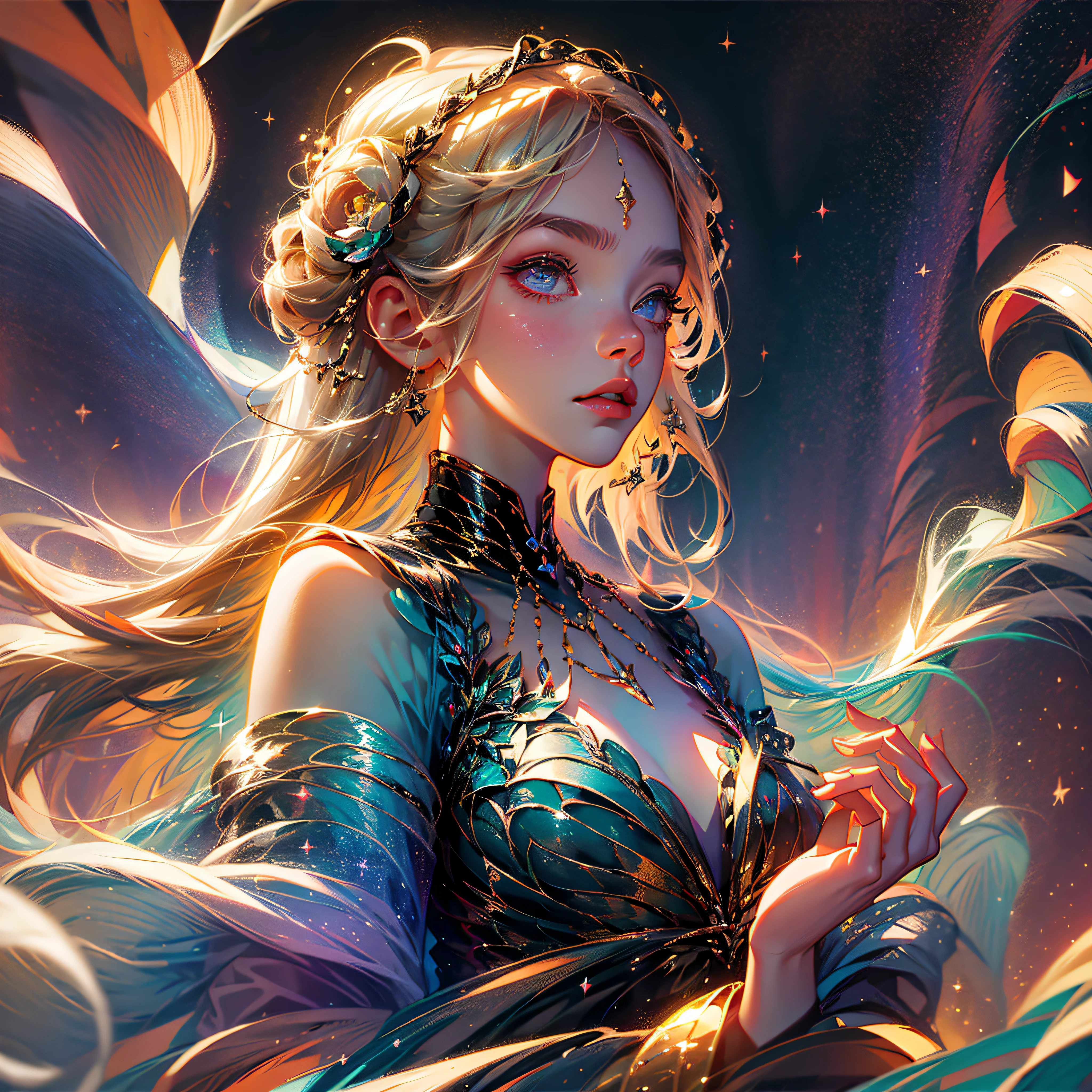 (best quality, masterpiece), 1girl, galaxy, glitter, dress, particle, wind, flower, upper body, dark simple background, looking at viewer, blonde, --auto --s2