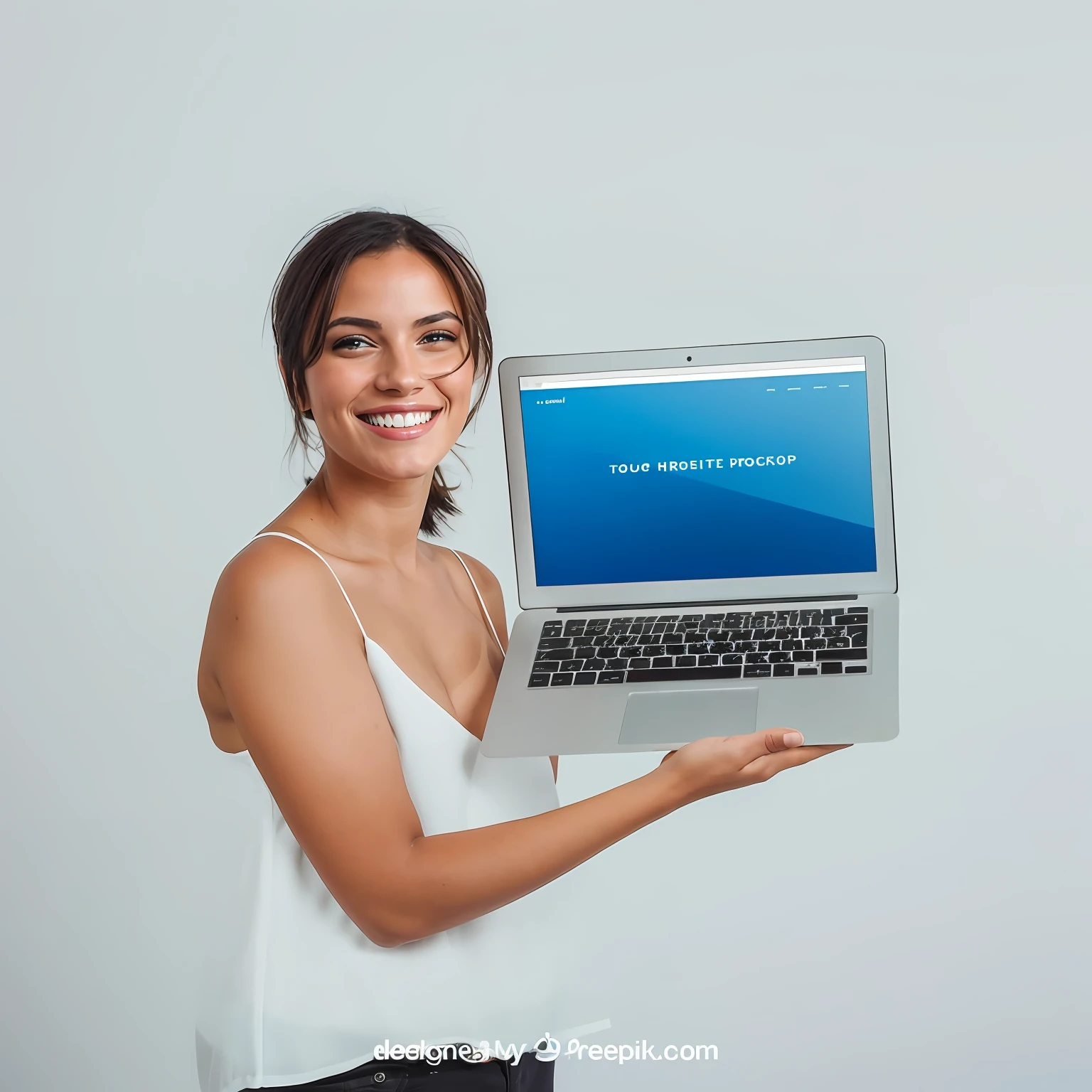 Smiling woman holding a laptop with a clothing store website, Holding shiny laptop computer, foto profissional do produto, pose sorridente elegante, foto do produto de alta qualidade, foto de marketing legal, ultra high quality model, segurando notebook, na frente de um computador, product introduction photo, head and shoulders photography, she is smiling and excited, foto do produto, Foto de produto profissional