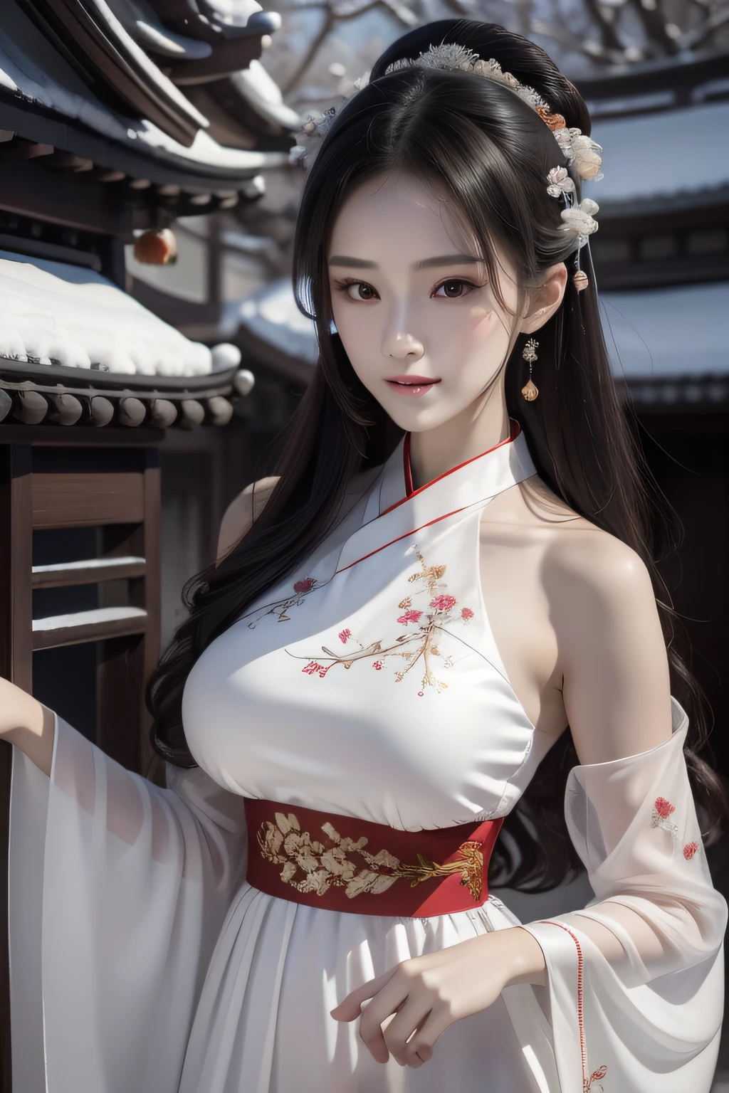 A stunning beauty，Beautiful atmosphere，Detailed facial depiction，Chinese-style coiled hair，Black hair，big bright eyes，Supple, fair, translucent skin，perfect body figure，Hanfu，White water-sleeved gauze dress，Transparent ribbon，White Hanfu embroidered bandeau，Fairy air fluttering，Light and flowy，National style，ancient wind，snow landscape，Front close-up