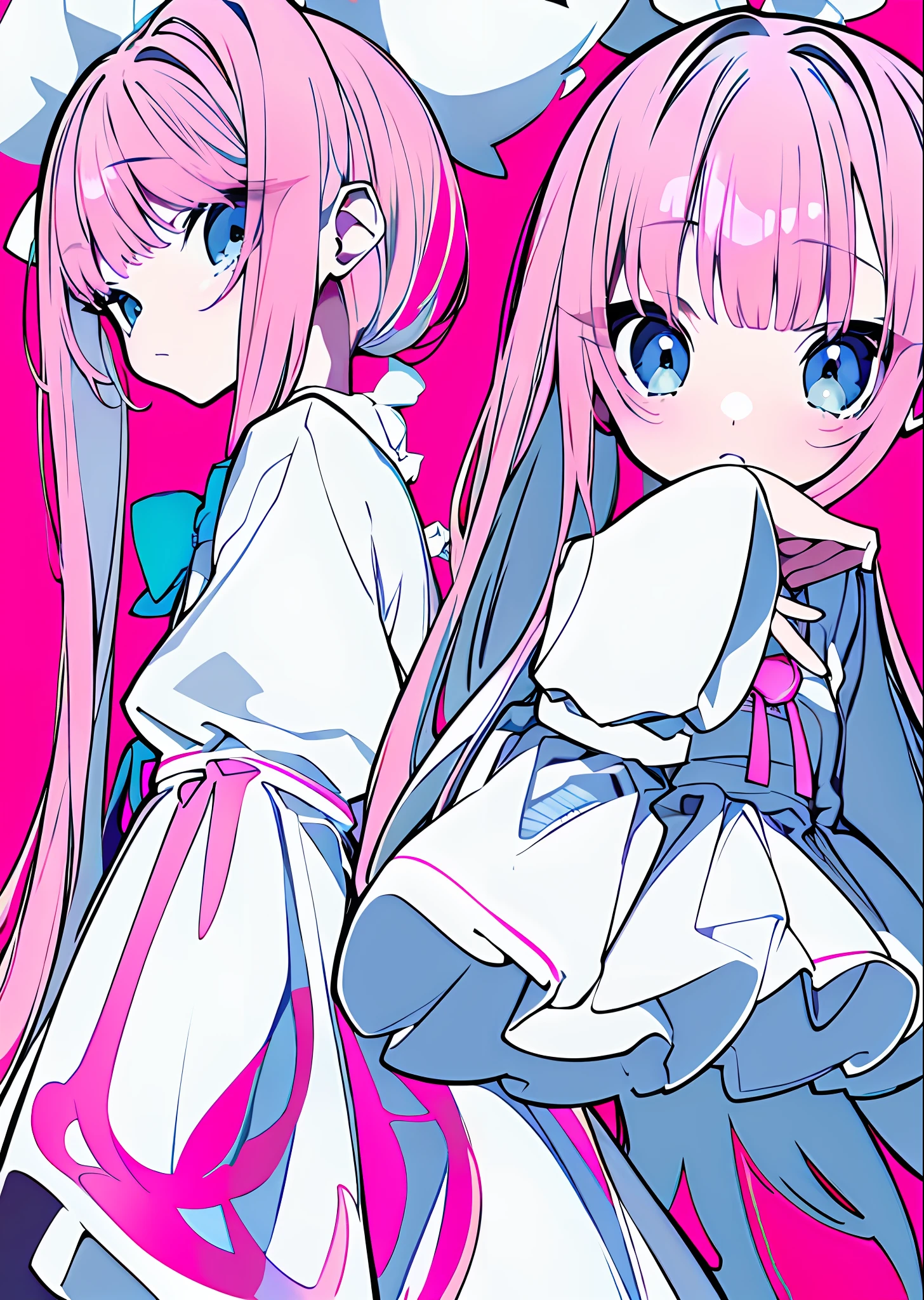 (tmasterpiece,best qualtiy,独奏,long whitr hair,looking at you,By bangs,minimalistic background,longer sleeves,white dresses,Cover the hair of the eyes,Light blue eyes,Keep your mouth shut,Mono Color,The upper part of the body,pastel pink dress,baby pink hair,frilld,puffy sleeves,finger nails,Big high school girl,pink back ground)