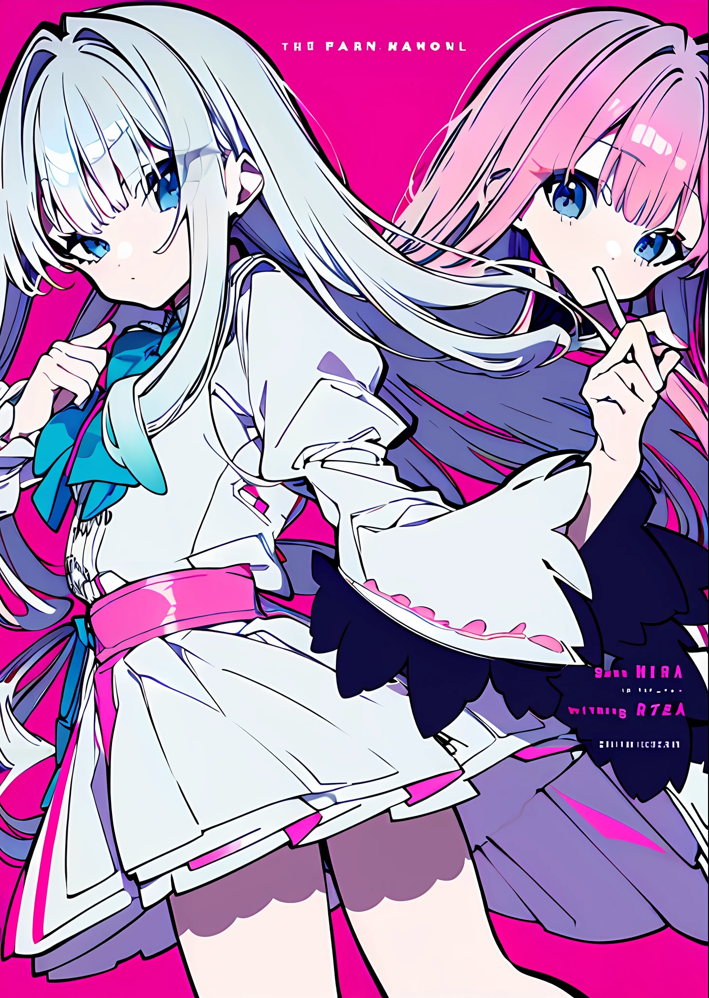 (tmasterpiece,best qualtiy,独奏,long whitr hair,looking at you,By bangs,minimalistic background,longer sleeves,white dresses,Cover the hair of the eyes,Light blue eyes,Keep your mouth shut,Mono Color,The upper part of the body,pastel pink dress,baby pink hair,frilld,puffy sleeves,finger nails,Big high school girl,pink back ground)