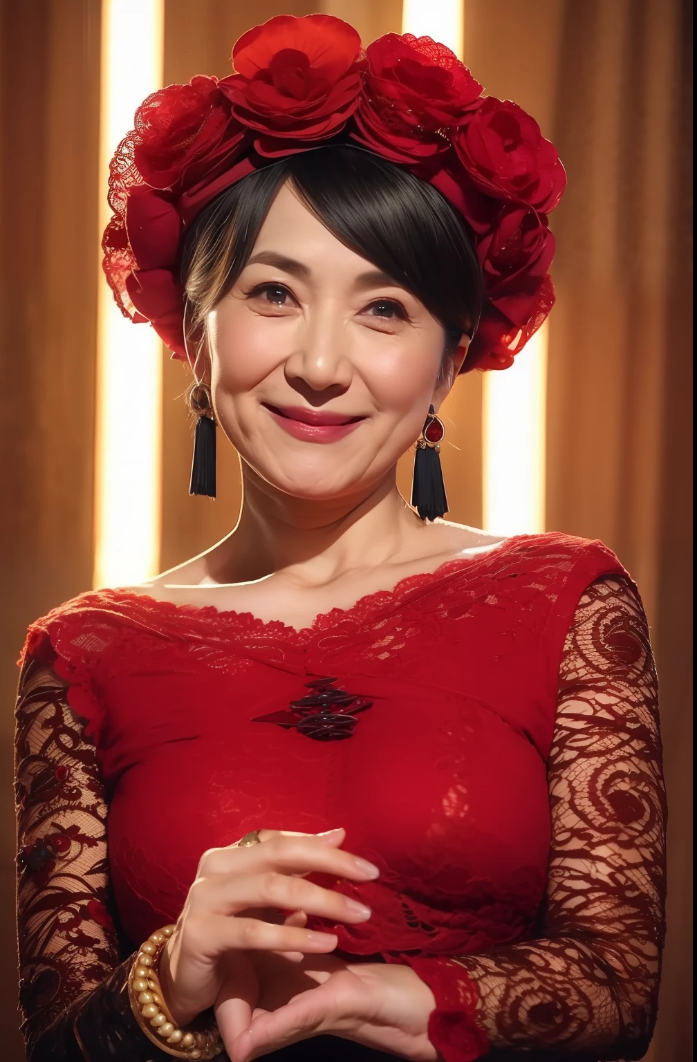 ​masterpiece, top-quality, full body Esbian, 75 years old, A MILF, Middle-aged woman:1.5, bangss, Natural hair color, red blush, A bracelet, perfect breast shape, 鎖骨, cowboy  shot, ear piercings, eyebrows visible through hair, gradation hair, Grinning, jewely, A MILF, length hair, looking at the viewers, piercings, red eyes, the ring, A smile, 独奏, Skysky,diagrams, (Adult Video Package:1.3), Fashionable, femele, with a vibrant, Lace panties, lace bra, the pose, the front, Colorful, Dynamic, Background with, element, self-assured, expresive, ngel, statement, accessorized, An majestic, coil, surroundings, Touch, The scene, Texto, covers, It's bold, captures the attention, Titles, Stylish, Font, It's catchy, headline, The large, Impressive, moderno, Trendy, Focus, lo fashion,