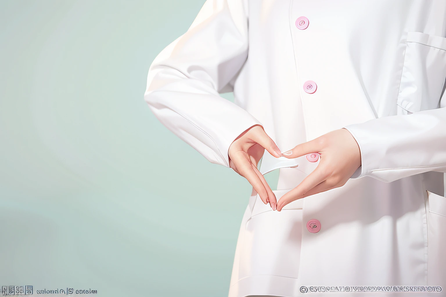 There was a nurse in a light blue coat，She made her heart with her hands, wearing lab coat and a blouse, Wearing a lab coat, Wearing a lab coat, Surgical gowns and scrubs, With a lab coat, Wearing a lab coat, labcoat, labcoat, Pink clothes, wearing a white lab coat, Medical photography, wearing a light - pink suit, labcoat