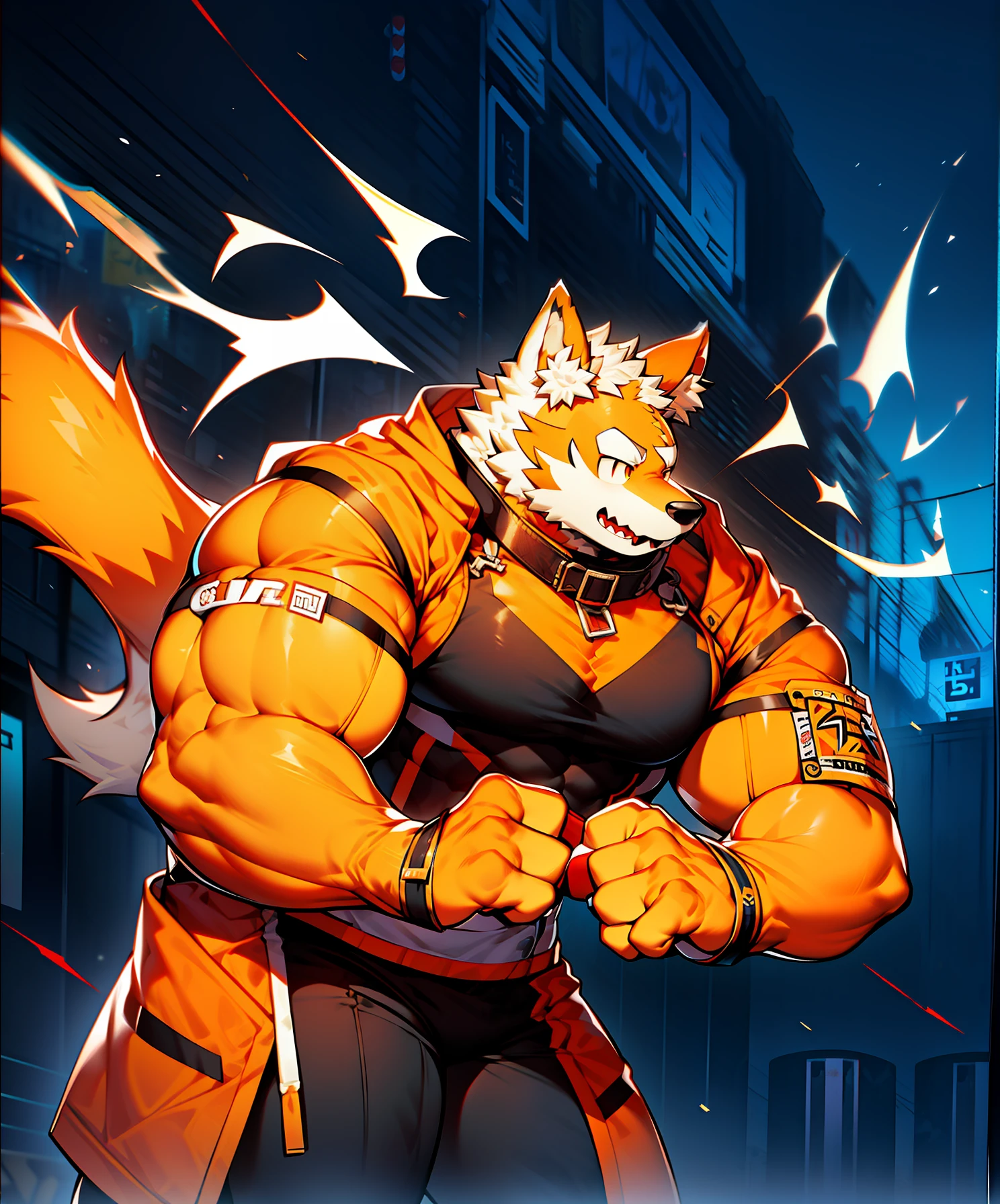 coyote，Furry，Orange-white hair，musculature，Muscle men，nakeness，Strong，ultraclear，Has a large ，Collar，Black  shorts，Wrestlers，fist，red pupils，Abs，Yellow coat，The erection，Collar，Has a large ，der riese，tit，Solo，Stout arms，Storm jacket，Badge，Pronounced abs，ssmile，subway station background，Urban style，hold fists,Big Dick，Red Storm jacket