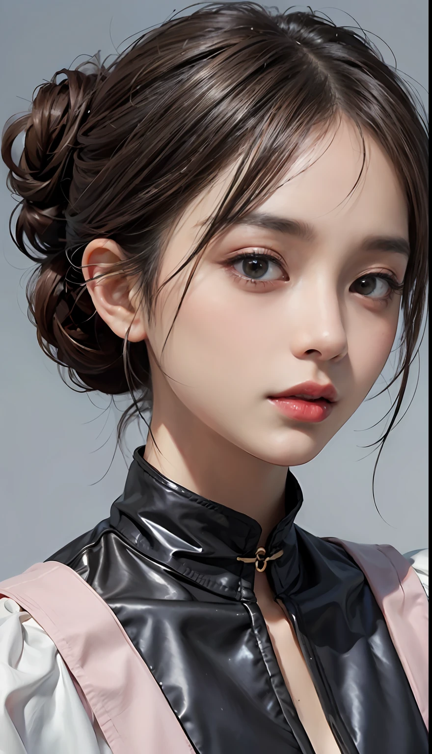 (Raw photography、top-quality)、(realisitic、Photorealsitic:1.3)、top-quality、masterpiece、extremely delicate and beautiful、A highly detailed、nffsw、A sense of unity、2k wallpaper、magnifica、Beautiful in every detail、masterpiece、浅笑、top-quality、Highly detailed ticker Unity 8K wallpapers、huge filesize、ultra-detailliert、hight resolution、ighly detailed、Female 1 Person、Slim body、D-cups、(Black Leotard Top:0.7)、(Pink skirt:1.2)、(Bun hair)、(brown haired)、looking at viewert、Sharp Focus、Face Close-up、NSFW、、、、pureerosface_v1:0.8 Short Hair、