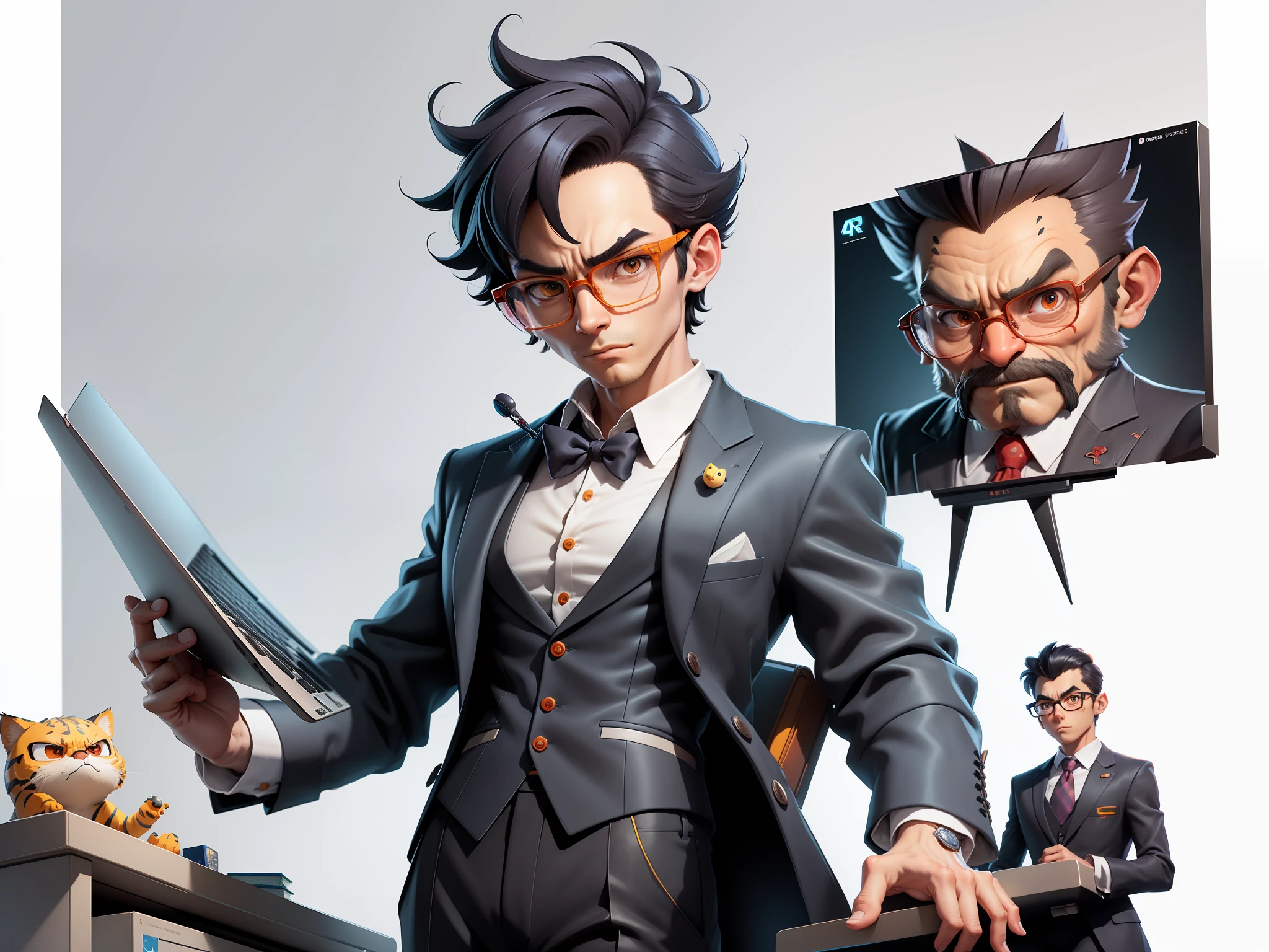 A young man in a suit and pants, Short hair and glasses sat at his desk,holding laptop,digitial painting,tigre,3D character design by Mark Clairen and Pixar and Hayao Miyazaki and Akira Toriyama,4K HD illustration,Very detailed facial features and cartoon-style visuals。