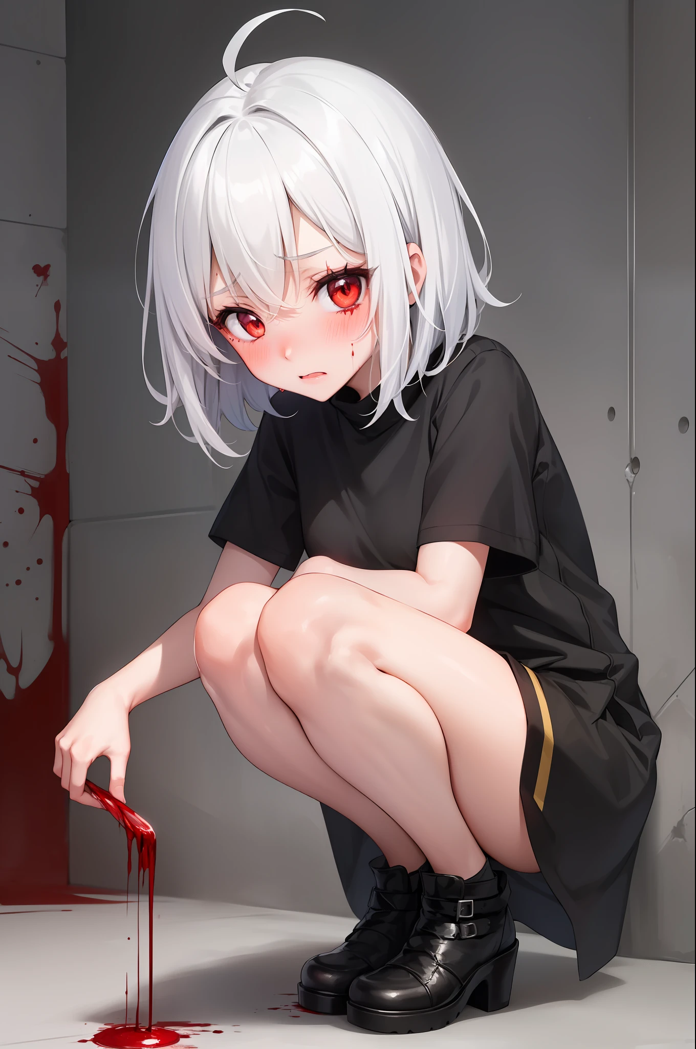 (1 girl, 25 years old, short hair, white hair, koneko, (peeing), (((crouched))), (masterpiece), red eyes, looking at the viewer,(blushed), scared,blood on face, fear, tortured.)