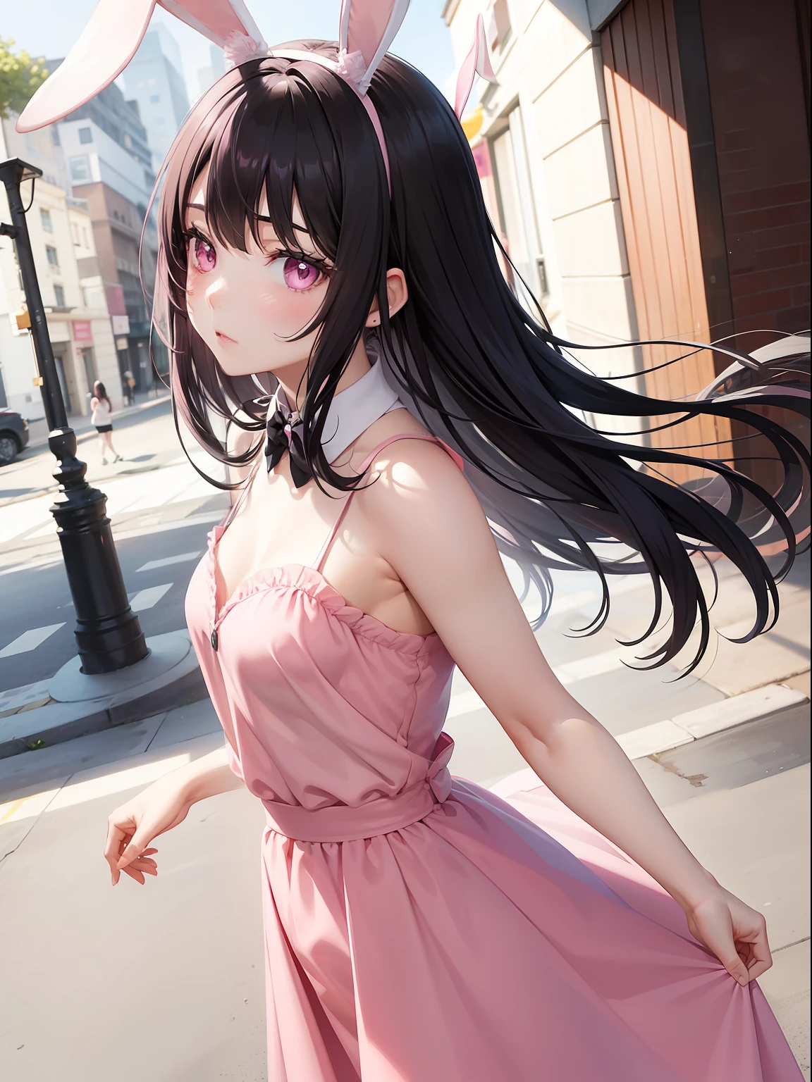 a women, pink bunny ears, black hair, pink eyes, pink dress