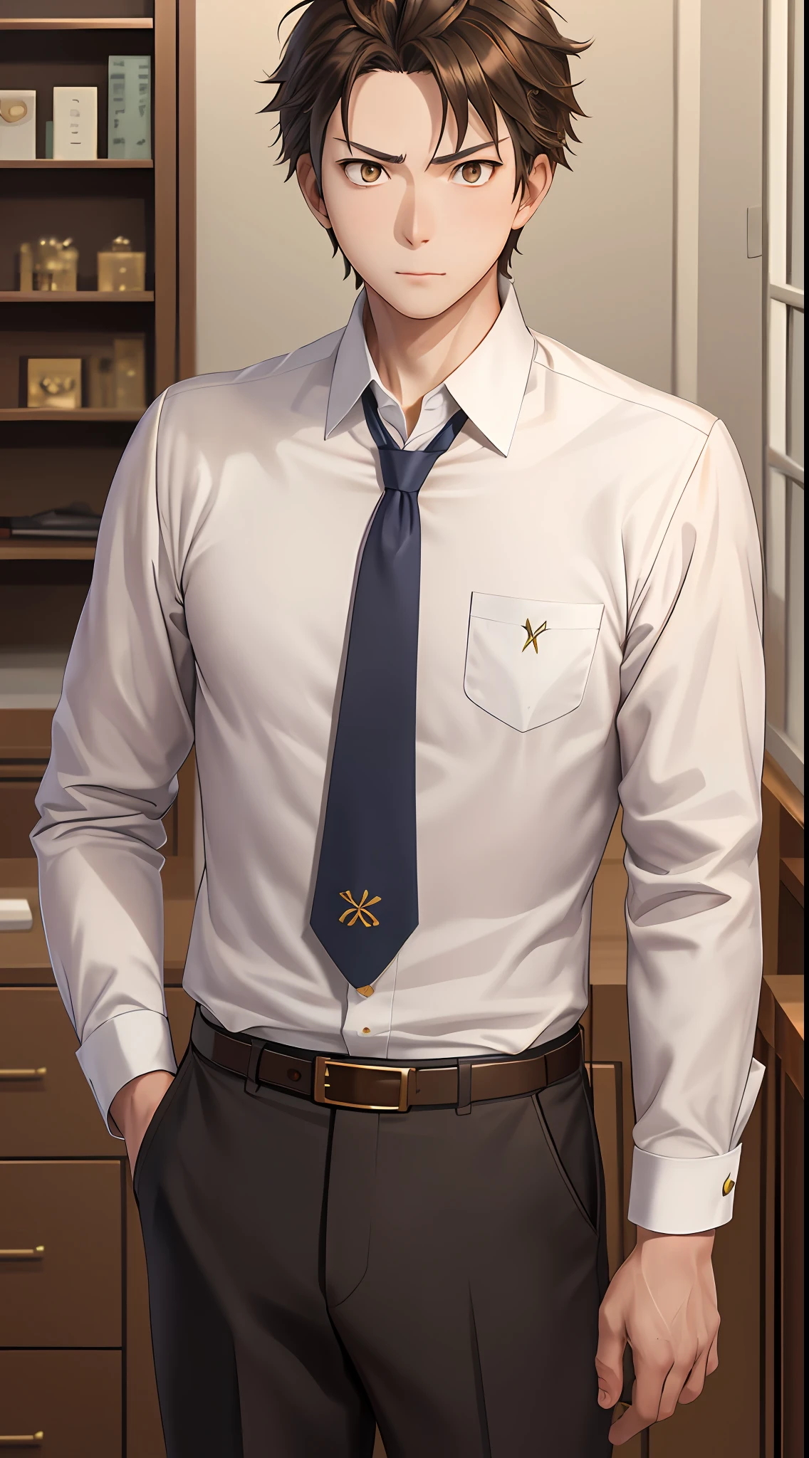（1 Adult male），A high resolution， Sharp focus， Pixiv masterpiece， （（Complicated details））， highly  detailed， natsuki_subaru， 1 man， Serious，full bodyesbian， Golden eyes（eyes glowing）， with short golden hair，white  shirt，Wear a tie，Wear a belt，perspire，look from down