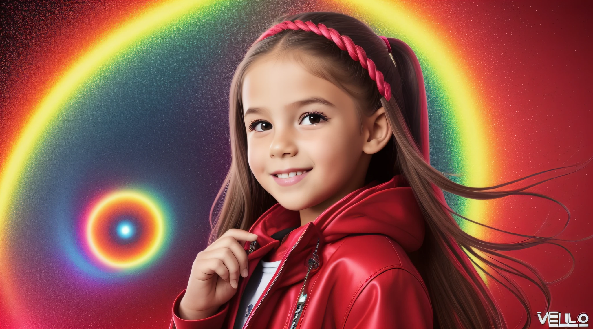 , Russian ruivas in braids, com roupa de jaqueta de couro vermelha, Estilo retrato, fundo preto e vermelho, uma bola de disco prateada com um reflexo de espelho sobre ela, bola de discoteca, bola de discoteca no fundo, prata brilhante.