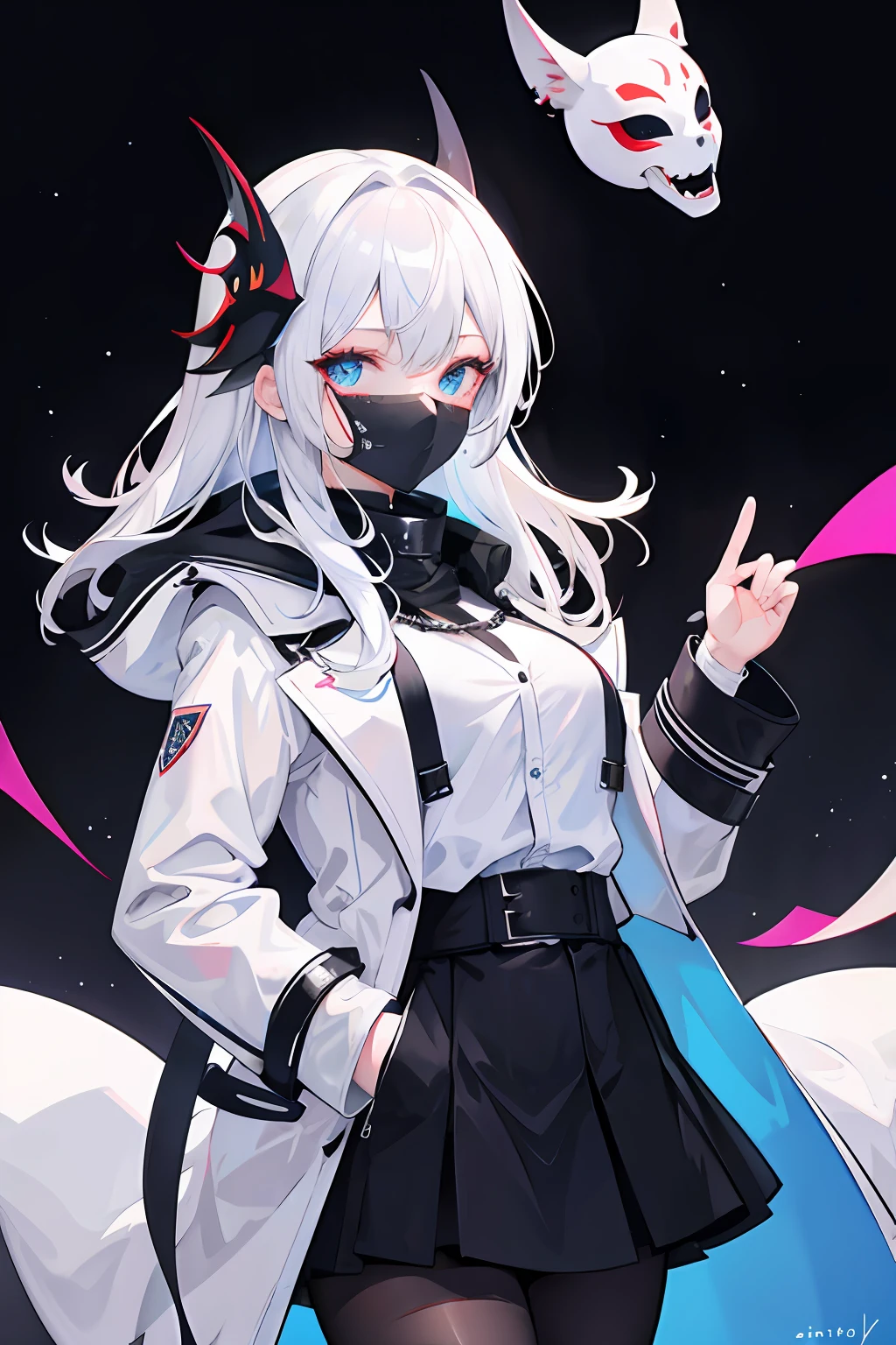 1girll,nightcity,Sateen,coat large,Put your hands in your pockets,Hosiery,White color hair,mediuml breasts,Masks