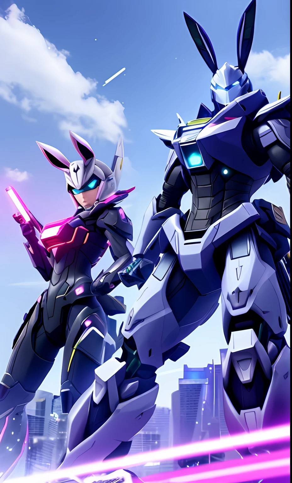 Two people side by side、cyborgs、Mobilesuit、natta、A highly detailed「Apostle in the shape of a rabbit」3D rendering of a|cyborgs]Pink cybernetics and pink armor、nffsw、8K、Sub-surface scattering、Specular Light、Hi-Res、octane renderings、Ray traching、Pink rabbit ears、Mobilesuit、Ride Harachari、natta、police cars、