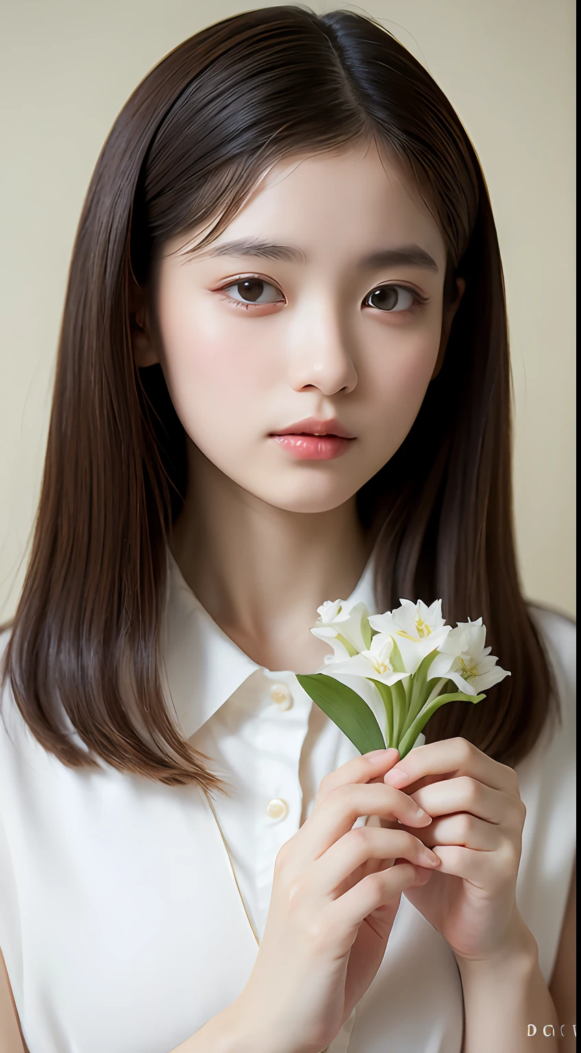 女の子1人, (Full body), Unknown , detailed  clothes, (delicate illustration:1.4),(masutepiece:1.0), (Best Quality:1.4), (超A high resolution:1.2), (Photorealistic:1.4), (8K, Raw photo:1.2), (Soft Focus:1.4), (18year old:1.3), (Sharp Focus:1.4), (Renaissance art:1.4), Detailed beautiful face, (Blouse with white collar), Holding an amaryllis flower with both hands