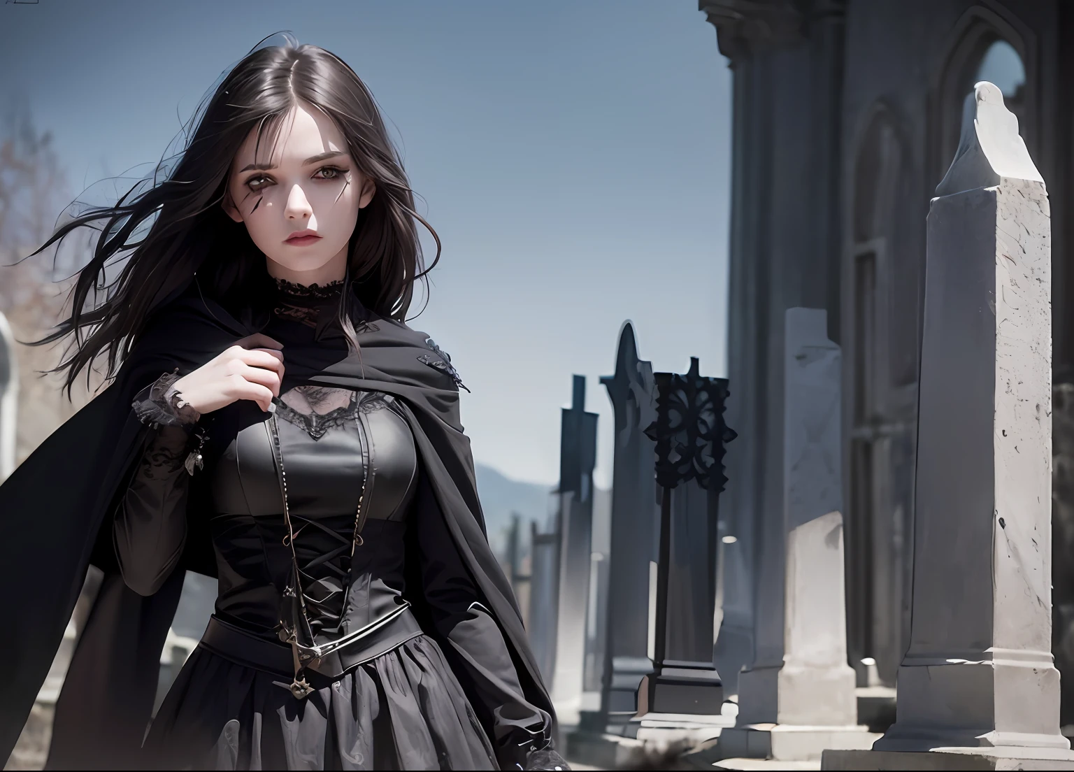 best quality, masterpiece, (realistic:1.2), (1girl,solo:1.6),a young women, witch,evil,waist up, Middle Ages style, Gothic style,detailed face, detailed eyes, (detailed black hair:1.4),strict expression, detailed skin, (detailed clothes:1.5),cloak,look at viewer, dramatic, vibrant, sharp focus, Middle Ages dark environment,castle,forest,(((cemetery))),50mm,F1.2, EOS-1D X Mark III,(half body:1.2),(in the night),standing,(complex background:1.6), (heavy makeup:1.3),(blood on the face:1.2),dagger in the hand