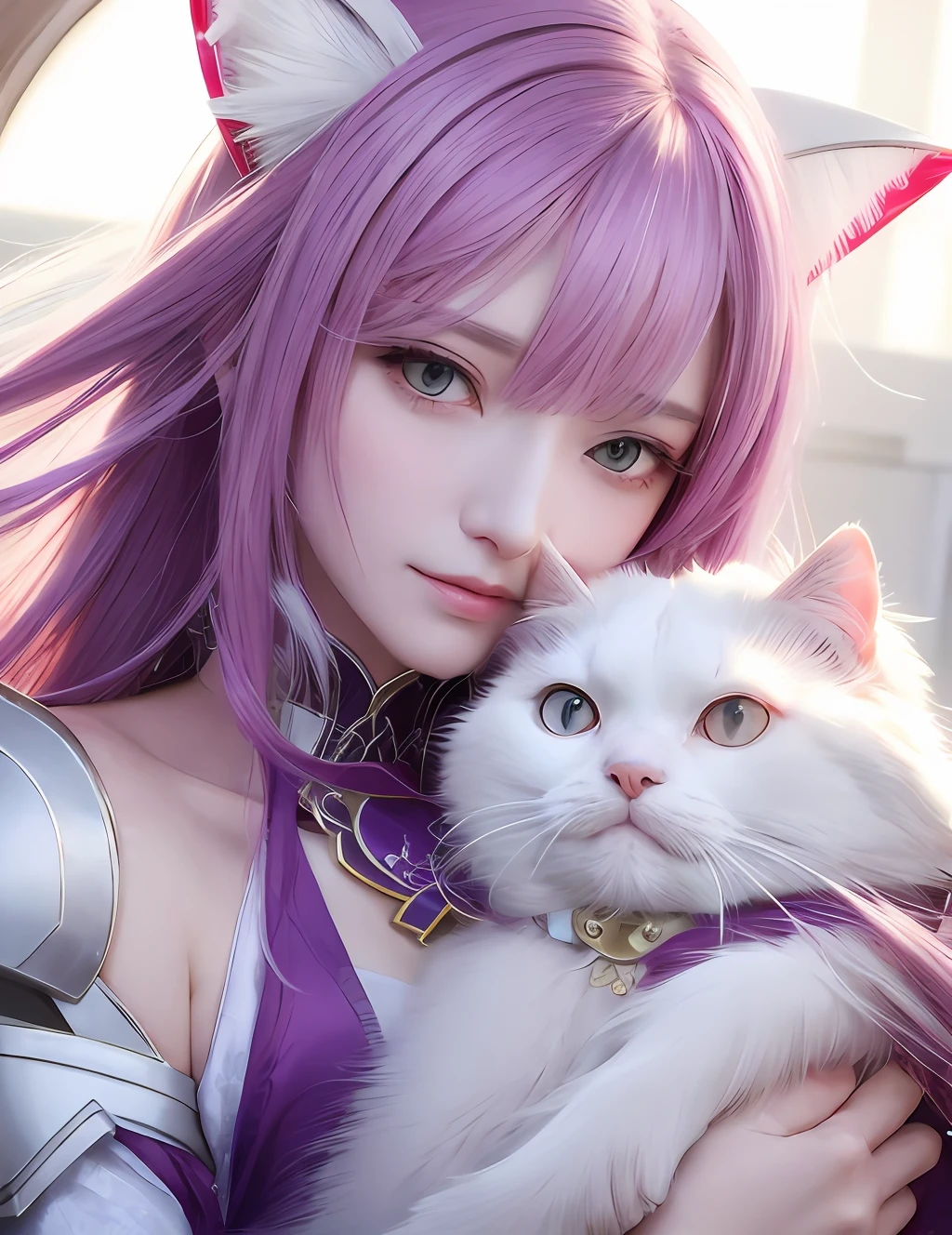 ((Holding a beautiful cat in your arms))Soft and delicate material Close up portrait of woman in delicate clothes in white and purple、Chengwei Pan at Art Station、By Jan J.、detailed fantasy art、Stunning character art、Fan Art Best Art Station、epic exquisite character art、Beautiful armor、extremely detailed art germ、Detailed Digital Anime Art、Art Germ at Art Station pixiv、Armored Lady