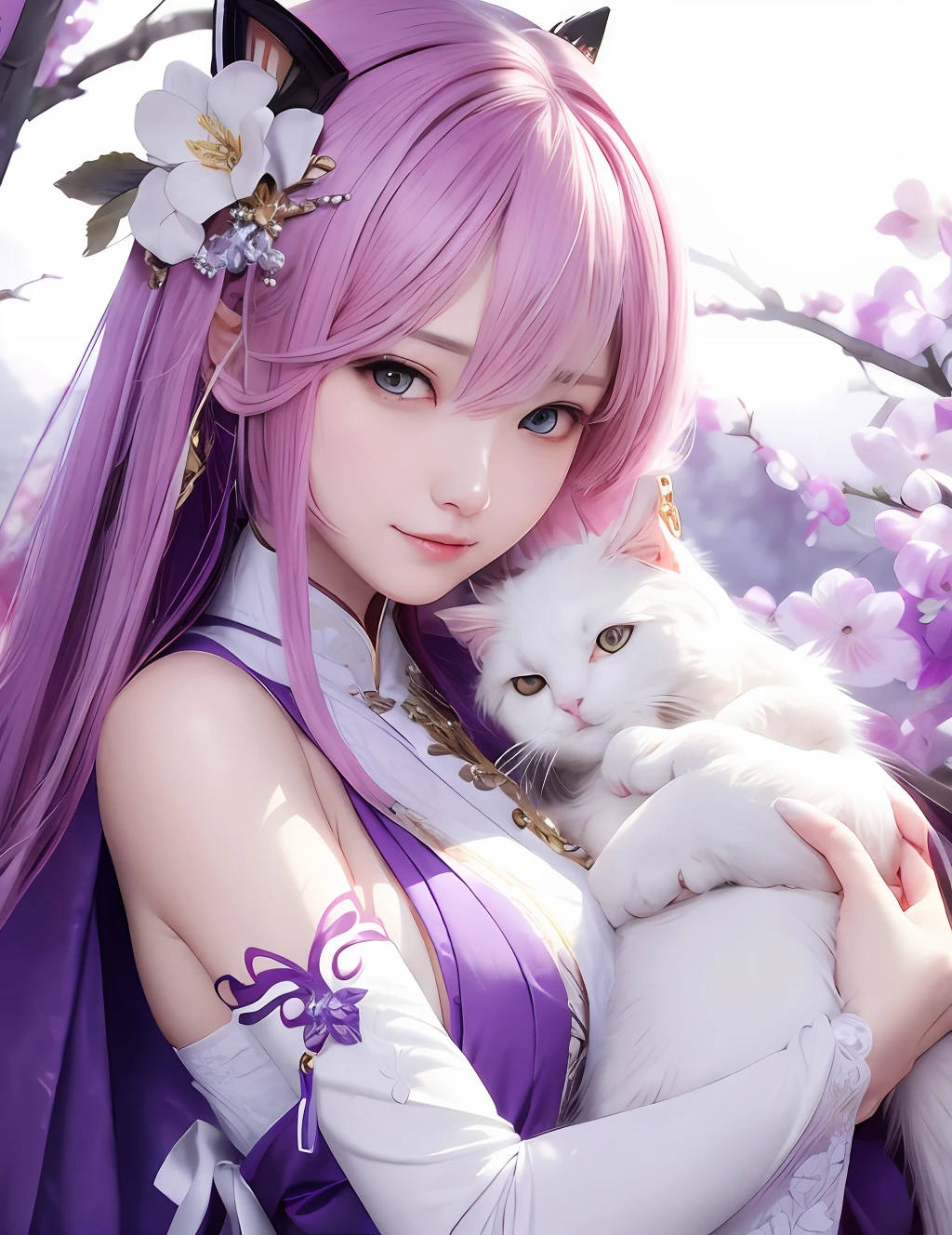((Holding a beautiful cat in your arms))Soft and delicate material Close up portrait of woman in delicate clothes in white and purple、Chengwei Pan at Art Station、By Jan J.、detailed fantasy art、Stunning character art、Fan Art Best Art Station、epic exquisite character art、Beautiful armor、extremely detailed art germ、Detailed Digital Anime Art、Art Germ at Art Station pixiv、Armored Lady
