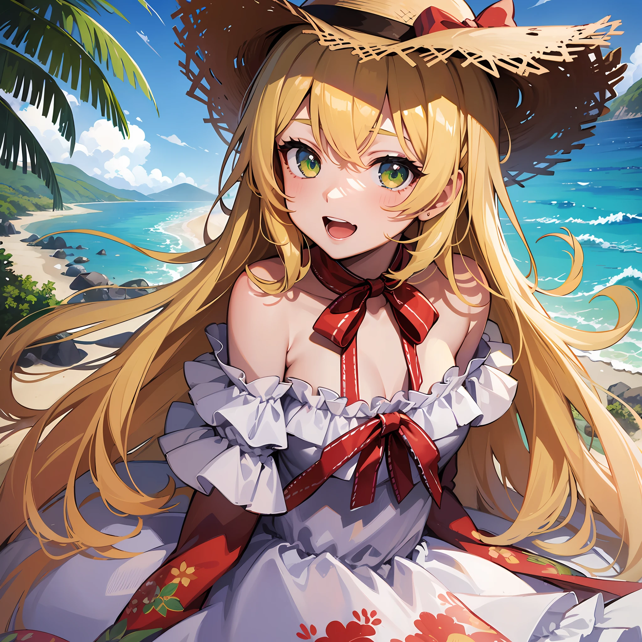 (masterpiece:1.3), (best quality:1.3), high resolution,
dutch angle, overlook view, upper body,
body facing forward,
(one cute girl:1.3), solo,
white skin, small , eight-headed person,
light yellow hair, long hair, red ribbon, fluffy hair, beautiful hair, green eyes, beautiful detailed eyes,
open mouth, cheerful smile,
frilled dress, pink dresses, straw hat,
outdoors, ocean, beach,
shadowlighting,